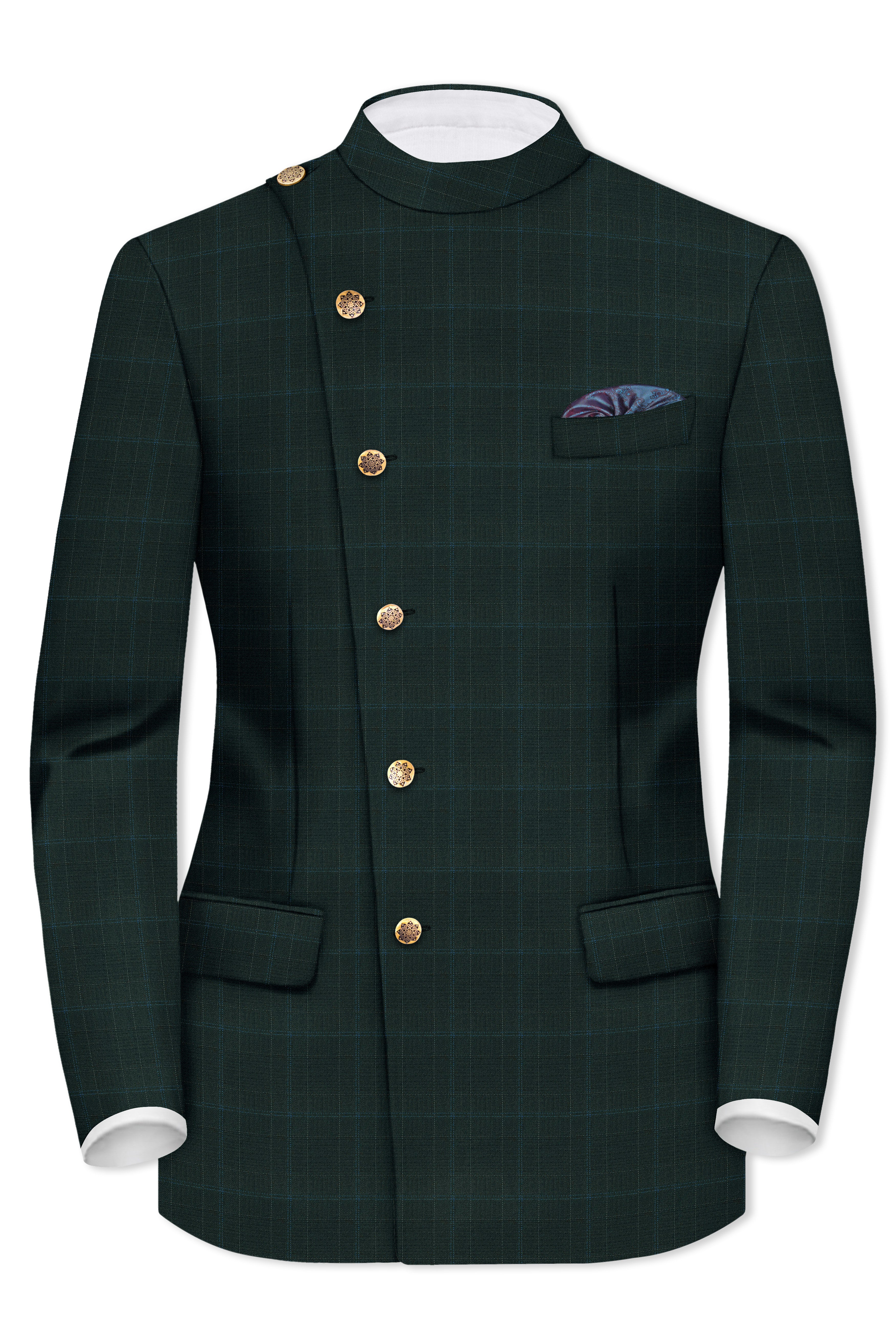 Dune Green Super fine Plaid Woolrich Cross Placket Bandhgala Blazer
