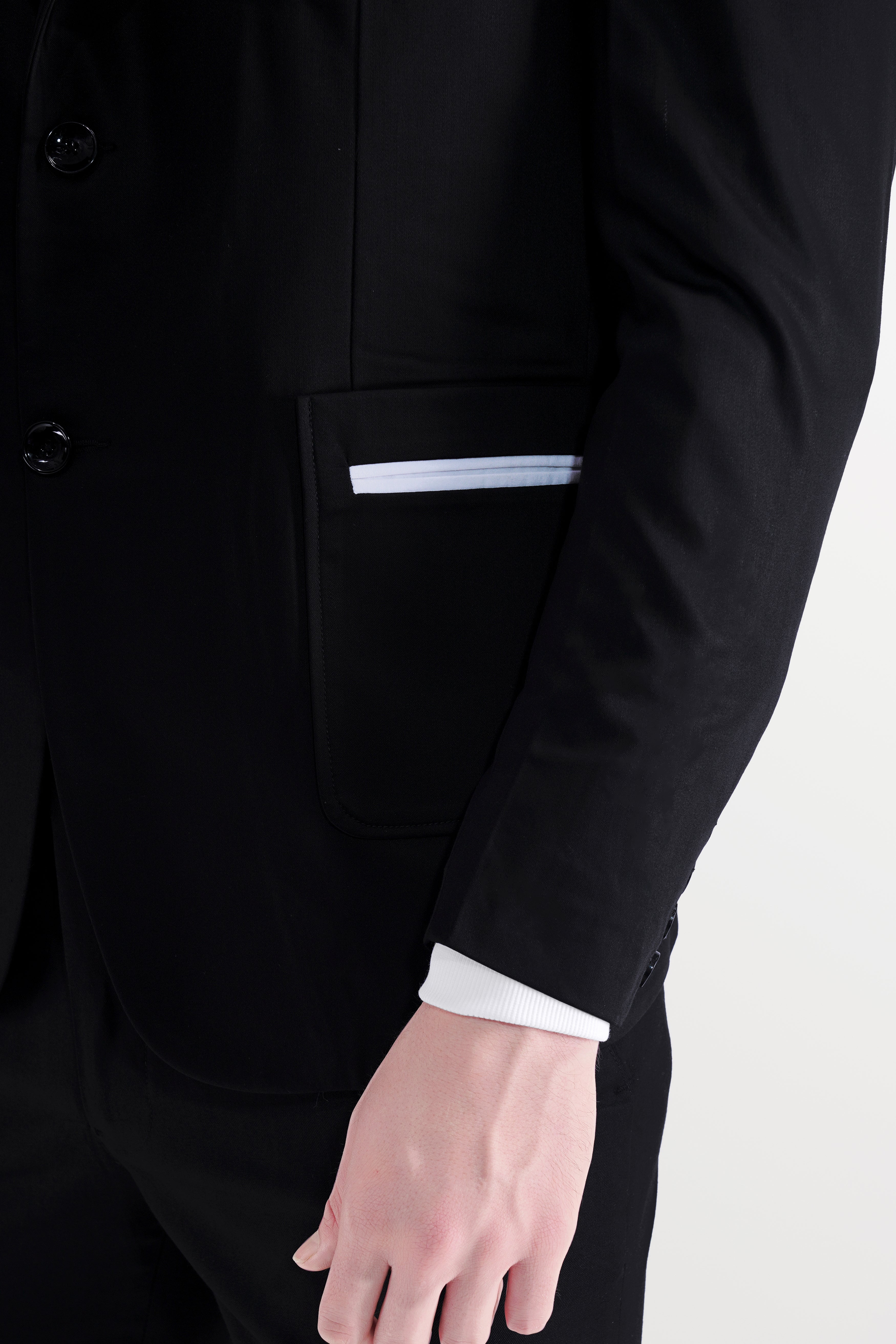 Jade Black Stretchable Subtle Sheen Patch Pockets Performance Blazer