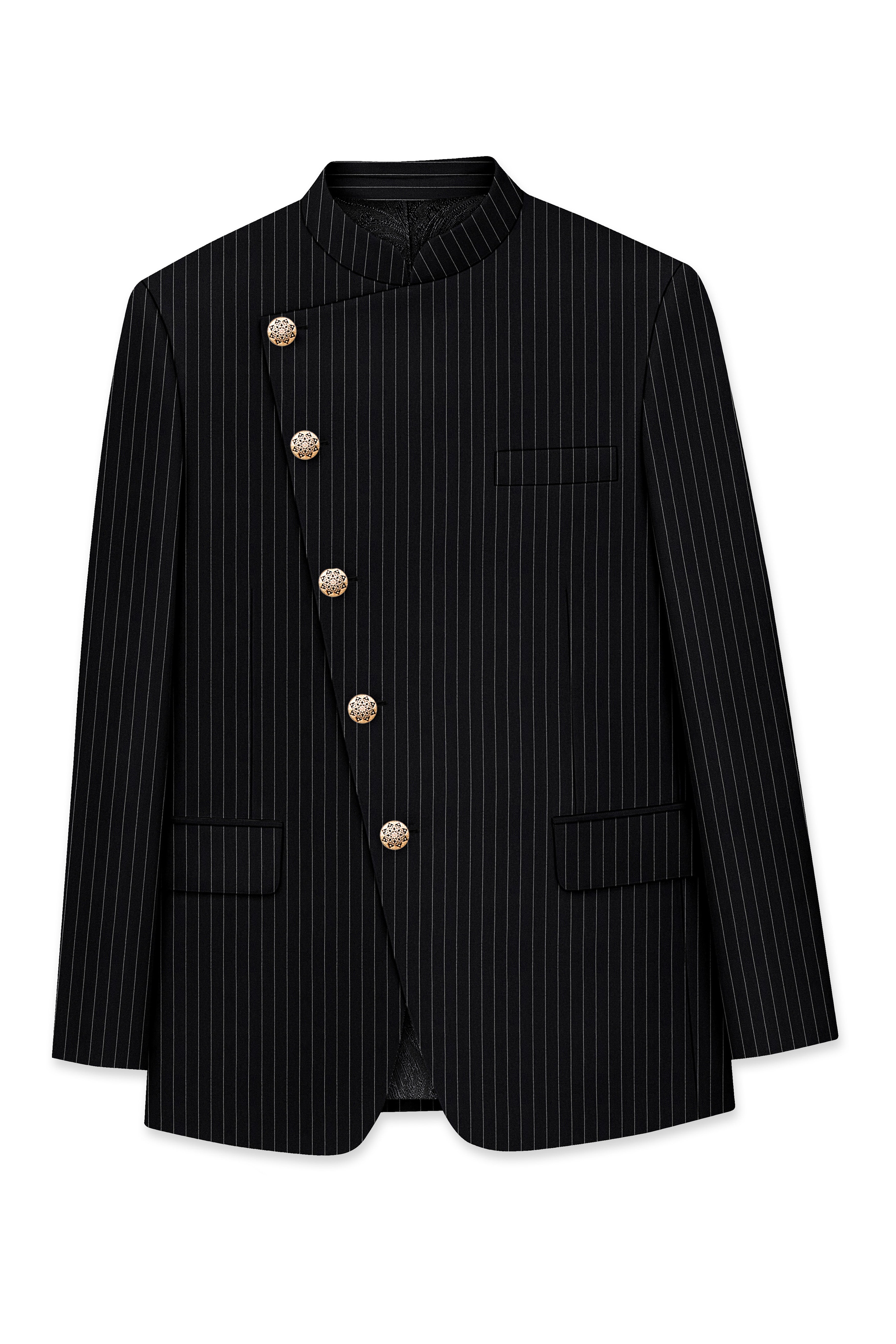 Jade Black Striped Cross Placket Bandhgala Blazer