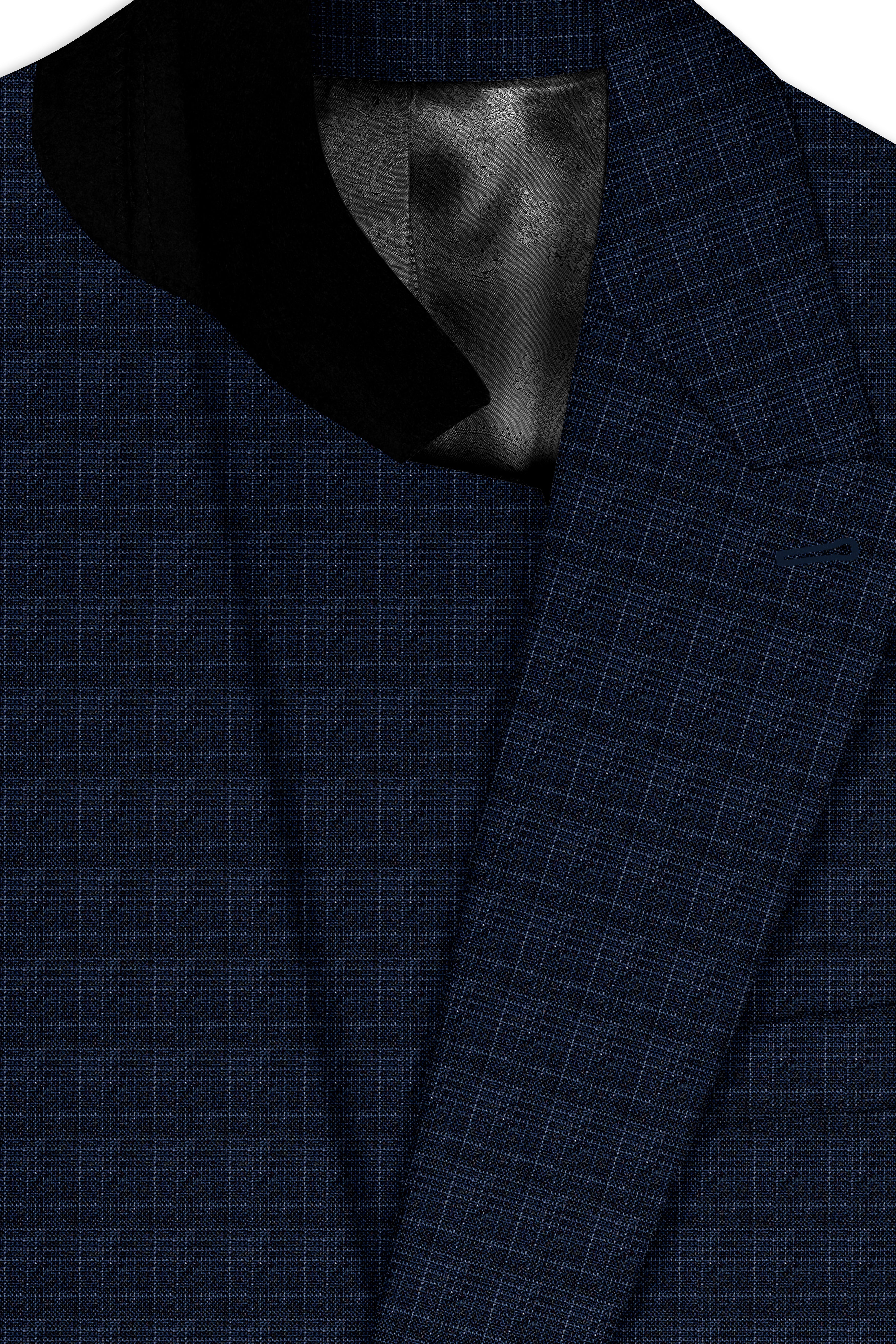 Ebony Clay Gray and Metallic Blue Plaid Double-Breasted Blazer