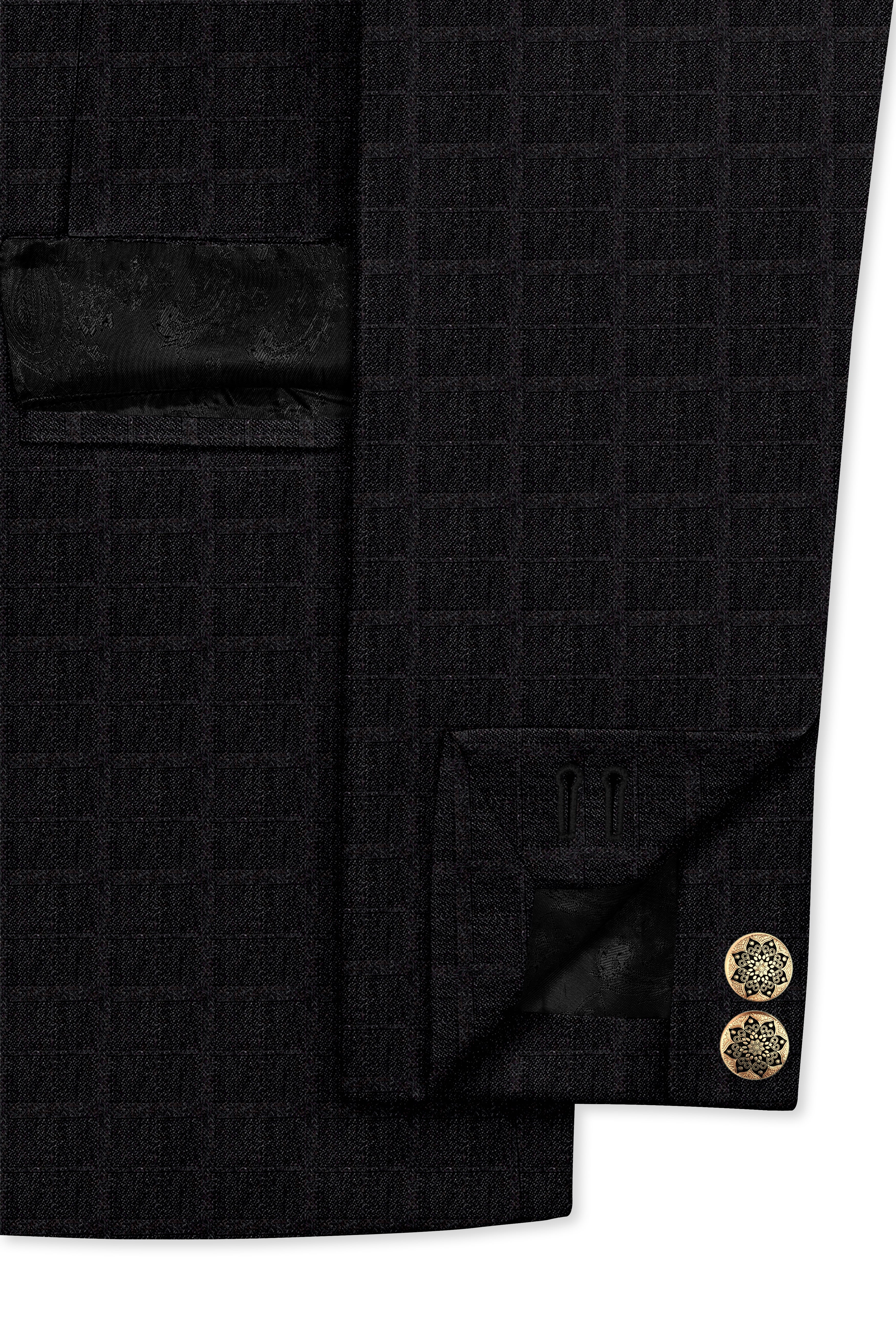 Baltic Sea Black Subtle Plaid Cross Placket Bandhgala Blazer