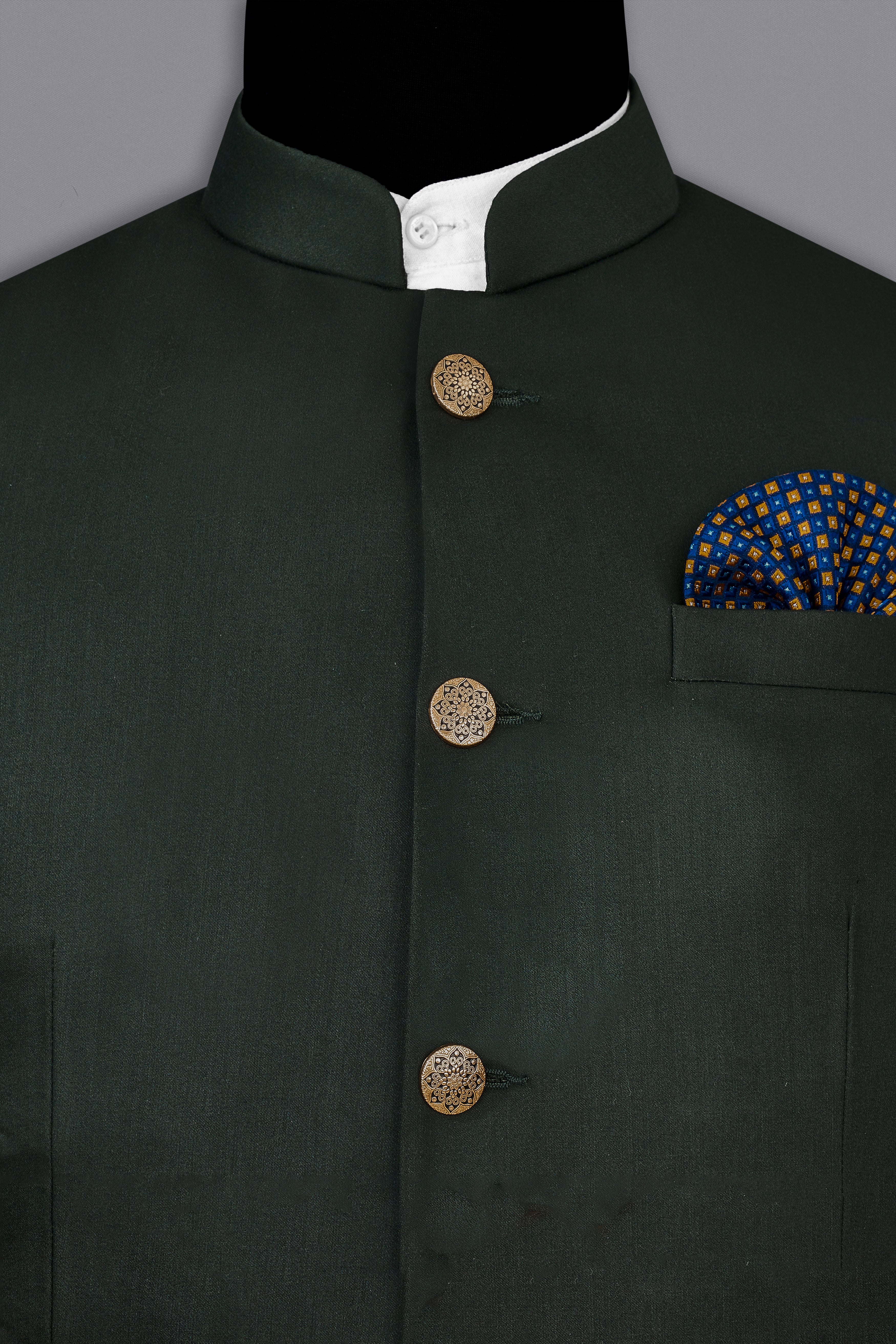 Juniper Green Subtle Sheen Bandhgala/Mandarin Blazer