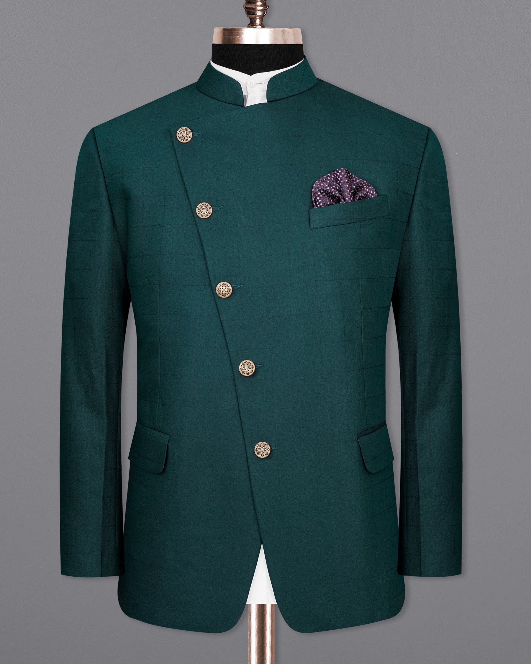 Dianne Green Subtle Windowpane Cross Placket Bandhgala Blazer