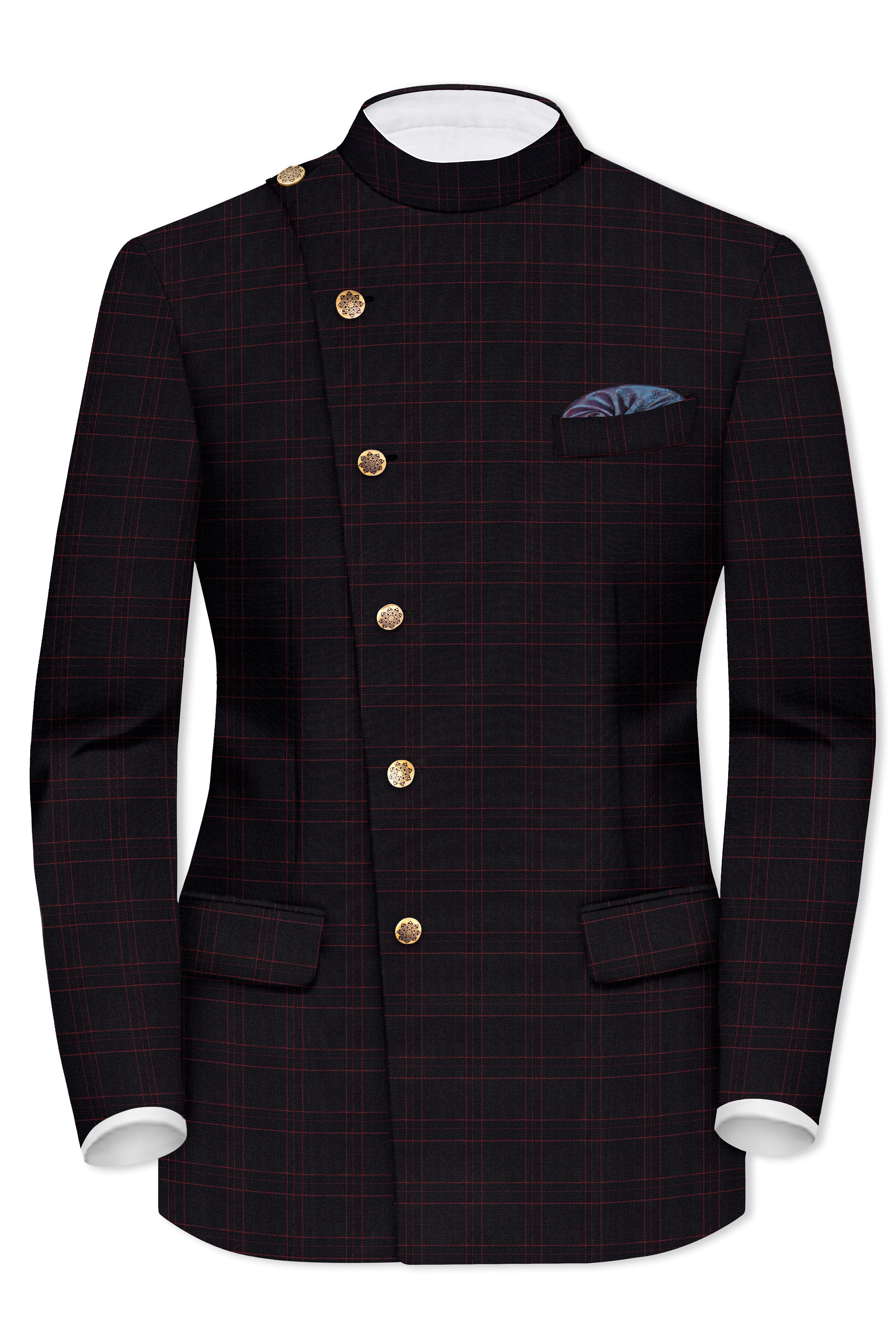 Onyx Black windowpane Cross Placket Bandhgala Blazer