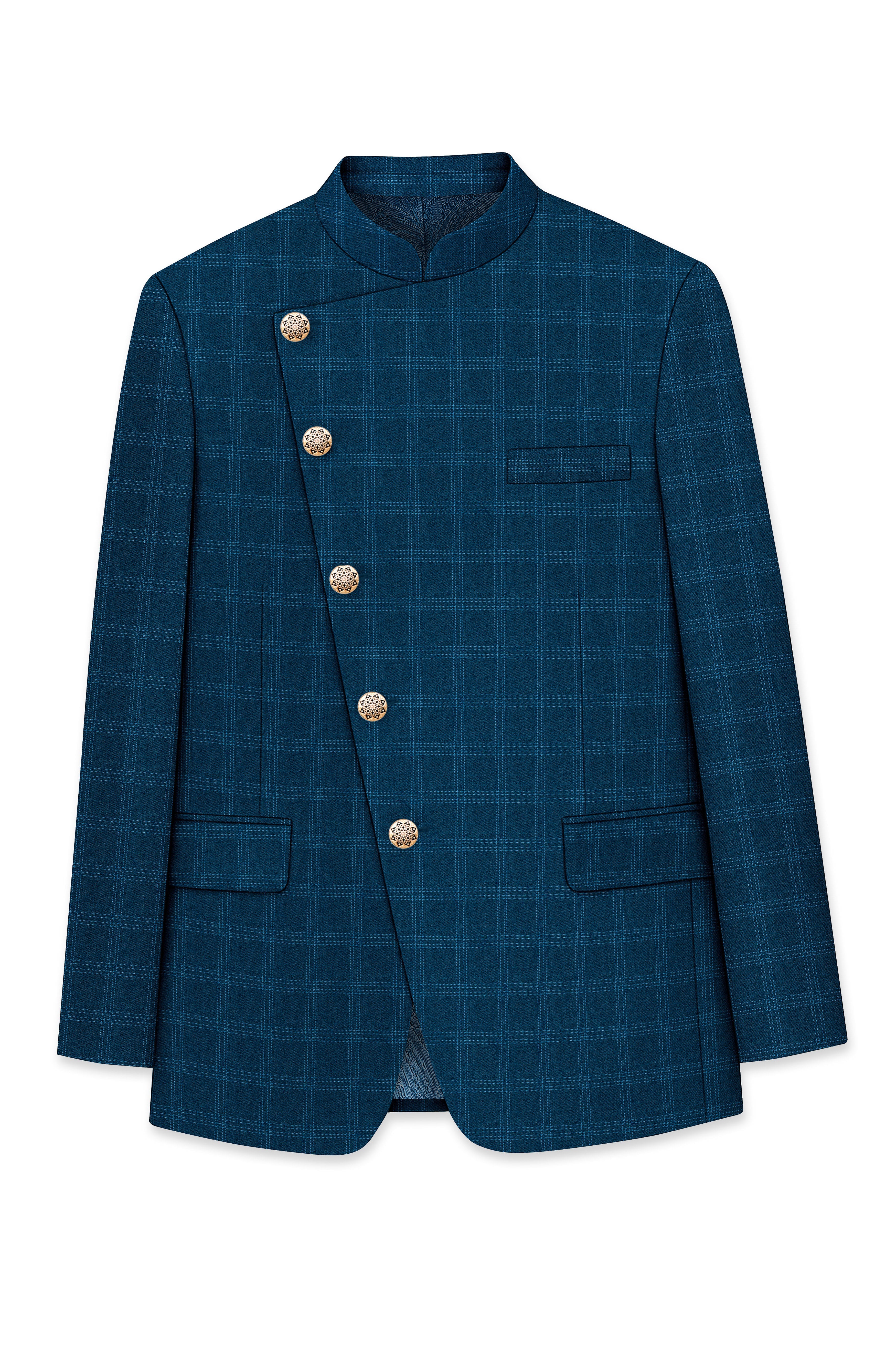 Cloud Burst Sea Green Windowpane Cross Placket Bandhgala Blazer