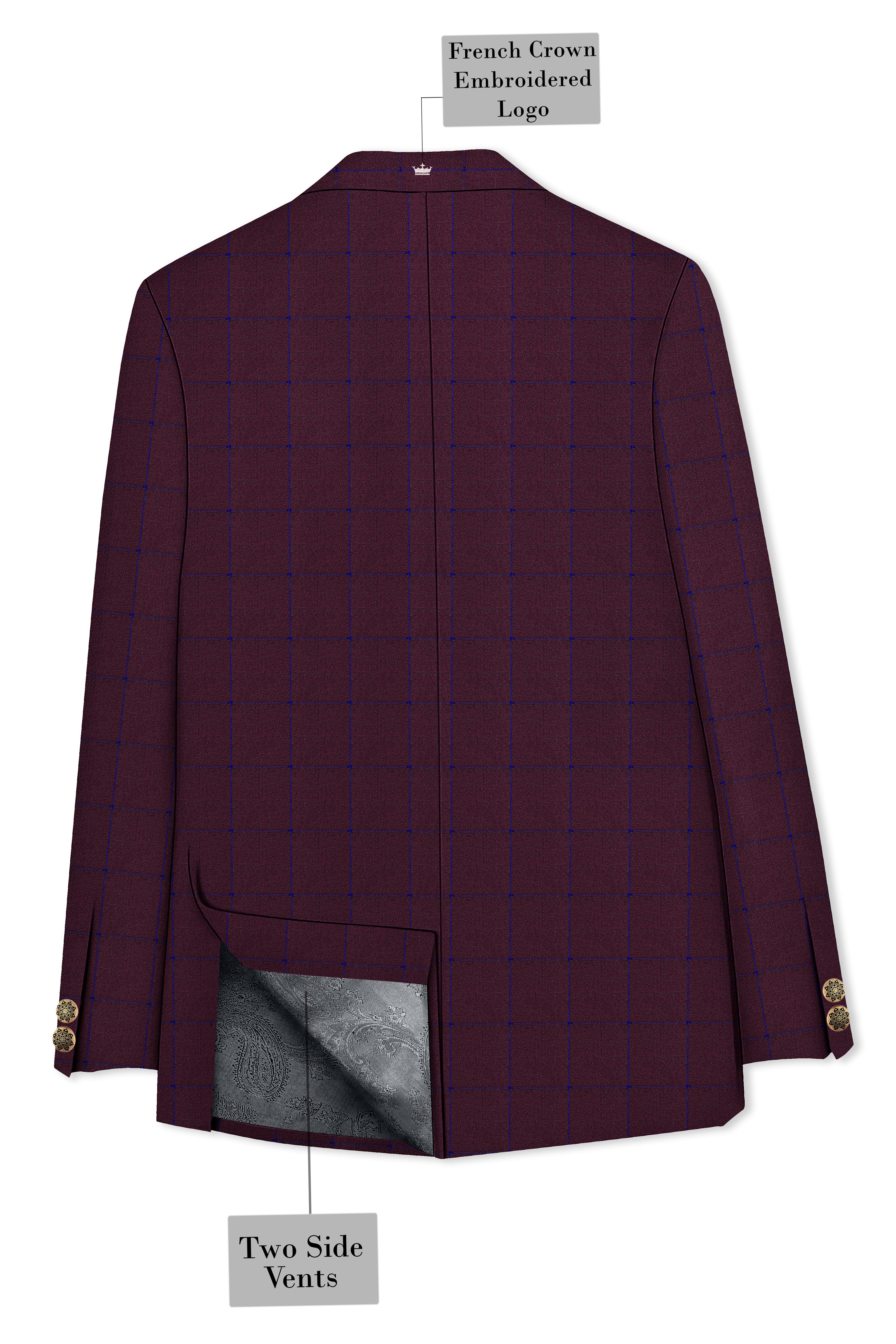 Wine Berry With Haiti Blue Windowpane Cross Placket Bandhgala Blazer