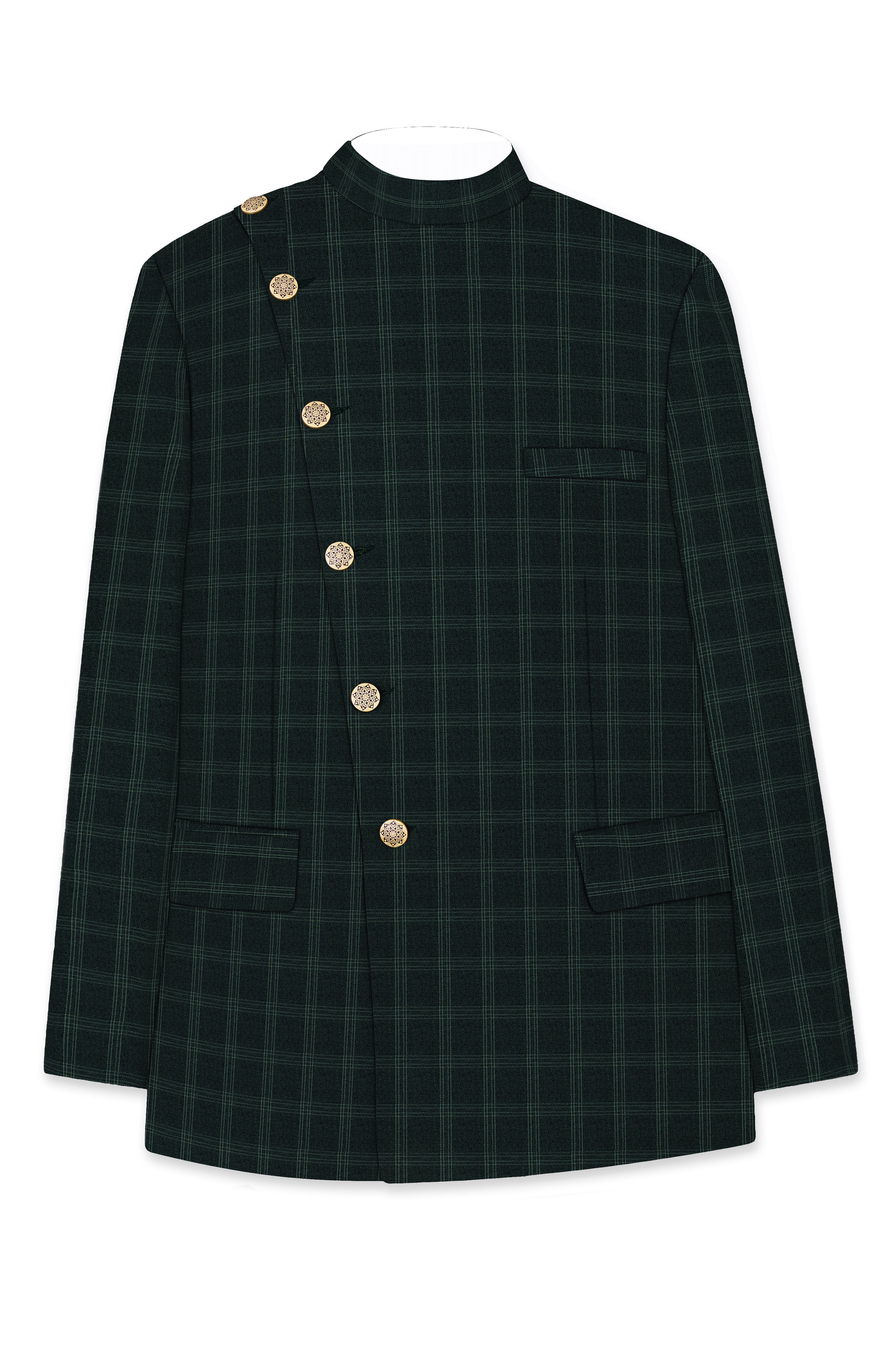 Zeus Green Plaid Cross Placket Bandhgala Blazer