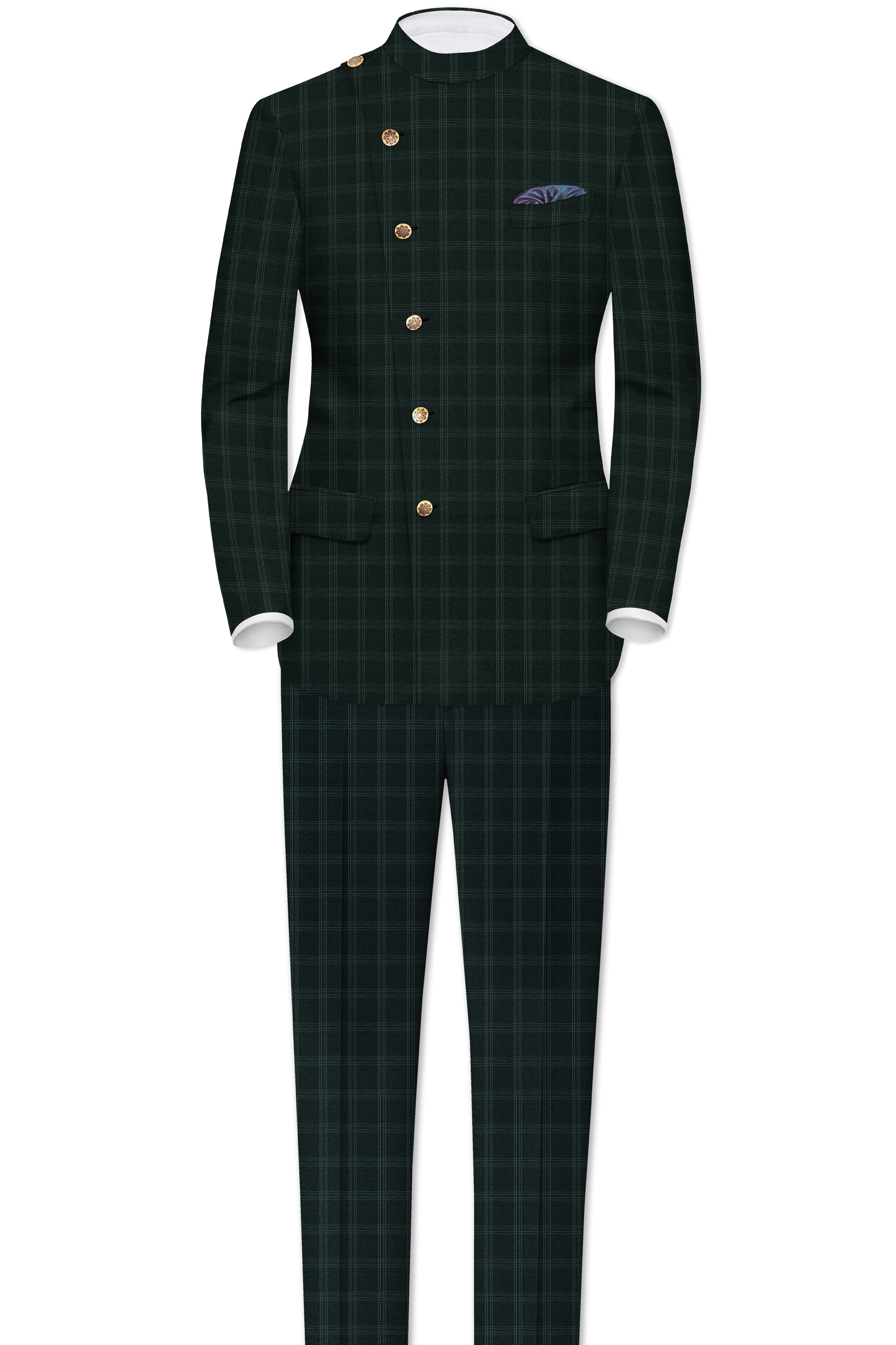 Zeus Green Plaid Cross Placket Bandhgala Blazer