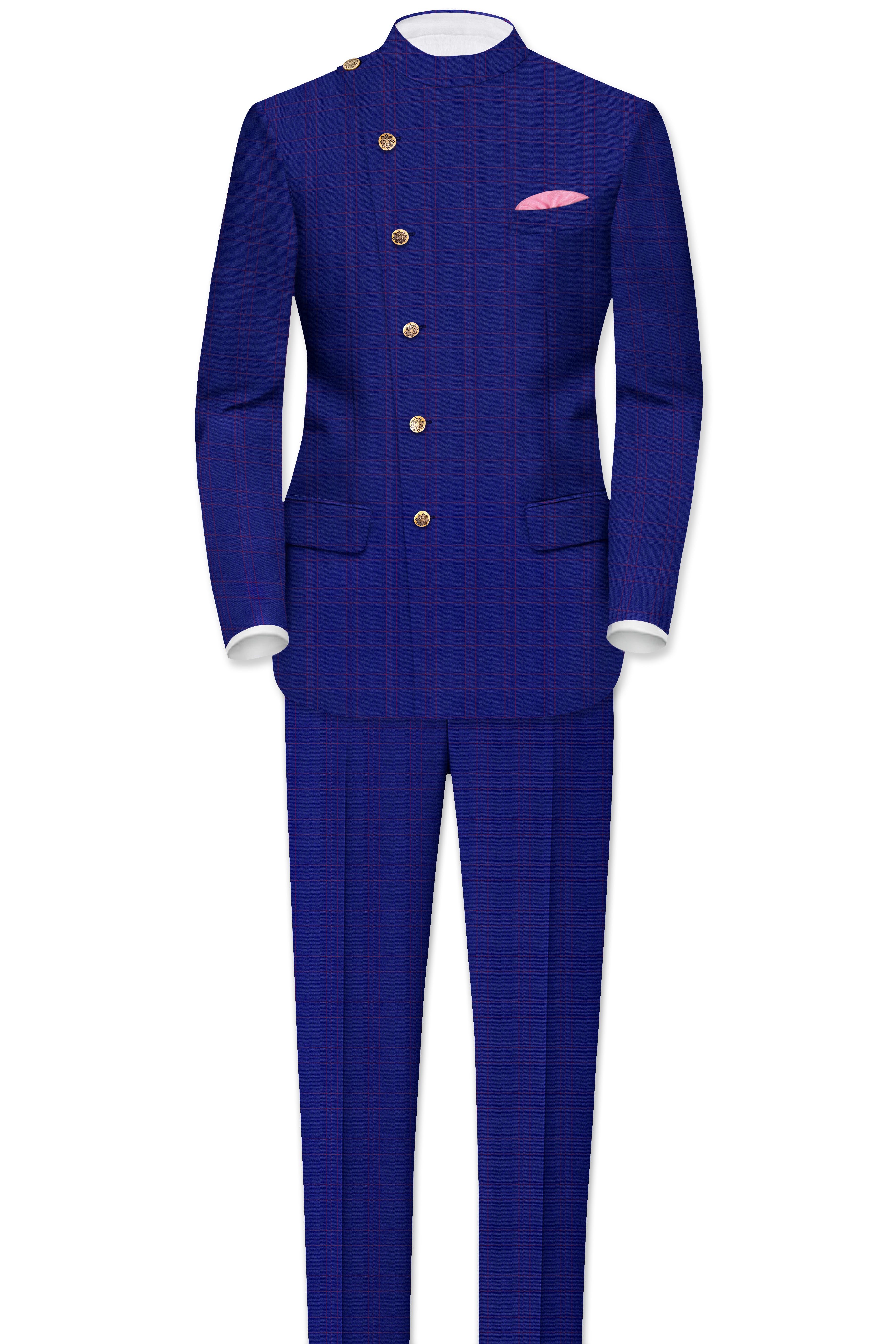 Christalle Blue with Fuchsia Pink Windoepane Cross Placket Bandhgala Blazer