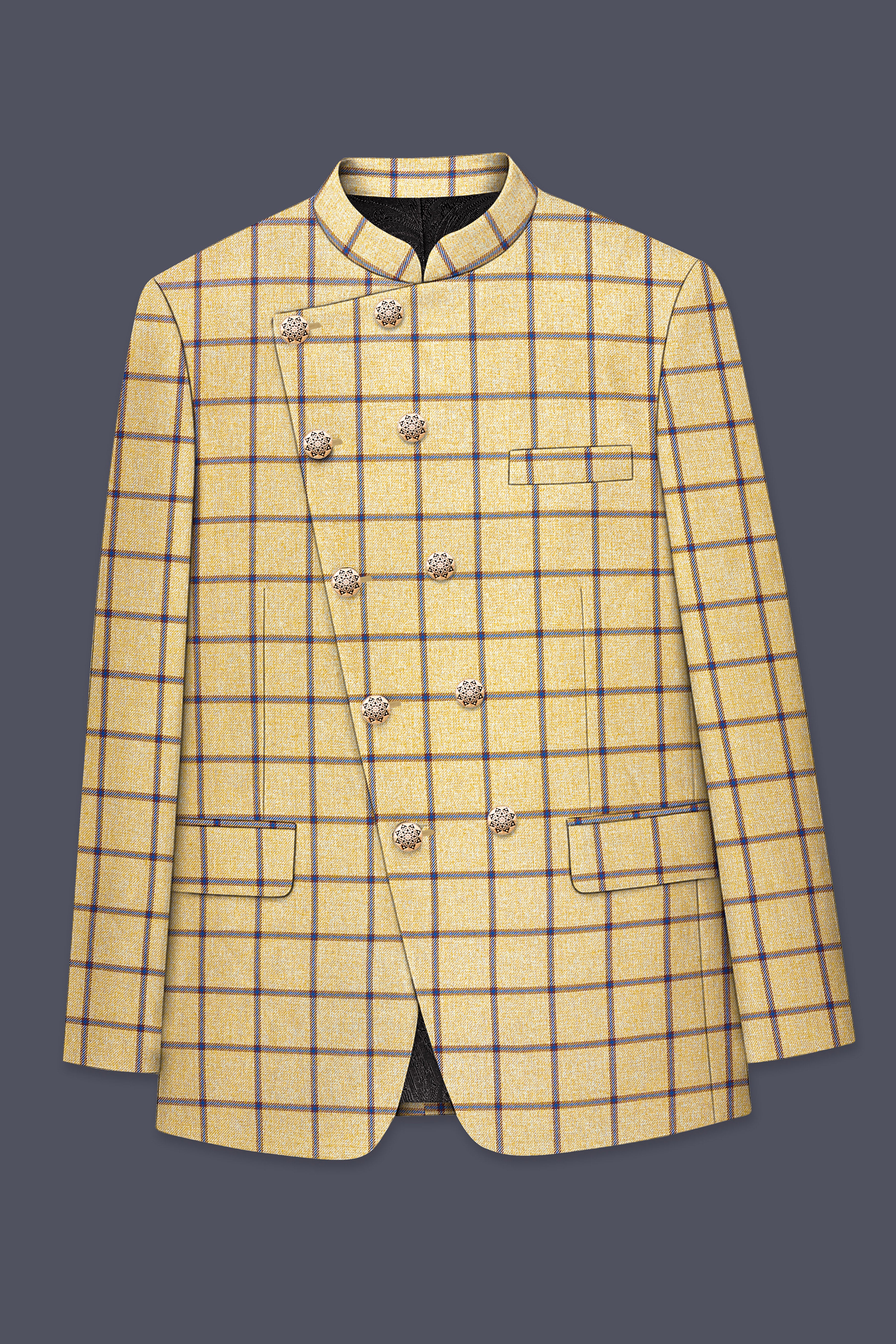 Mongoose Brown with Dianne Blue Windowpane Cross Placket Bandhgala Blazer