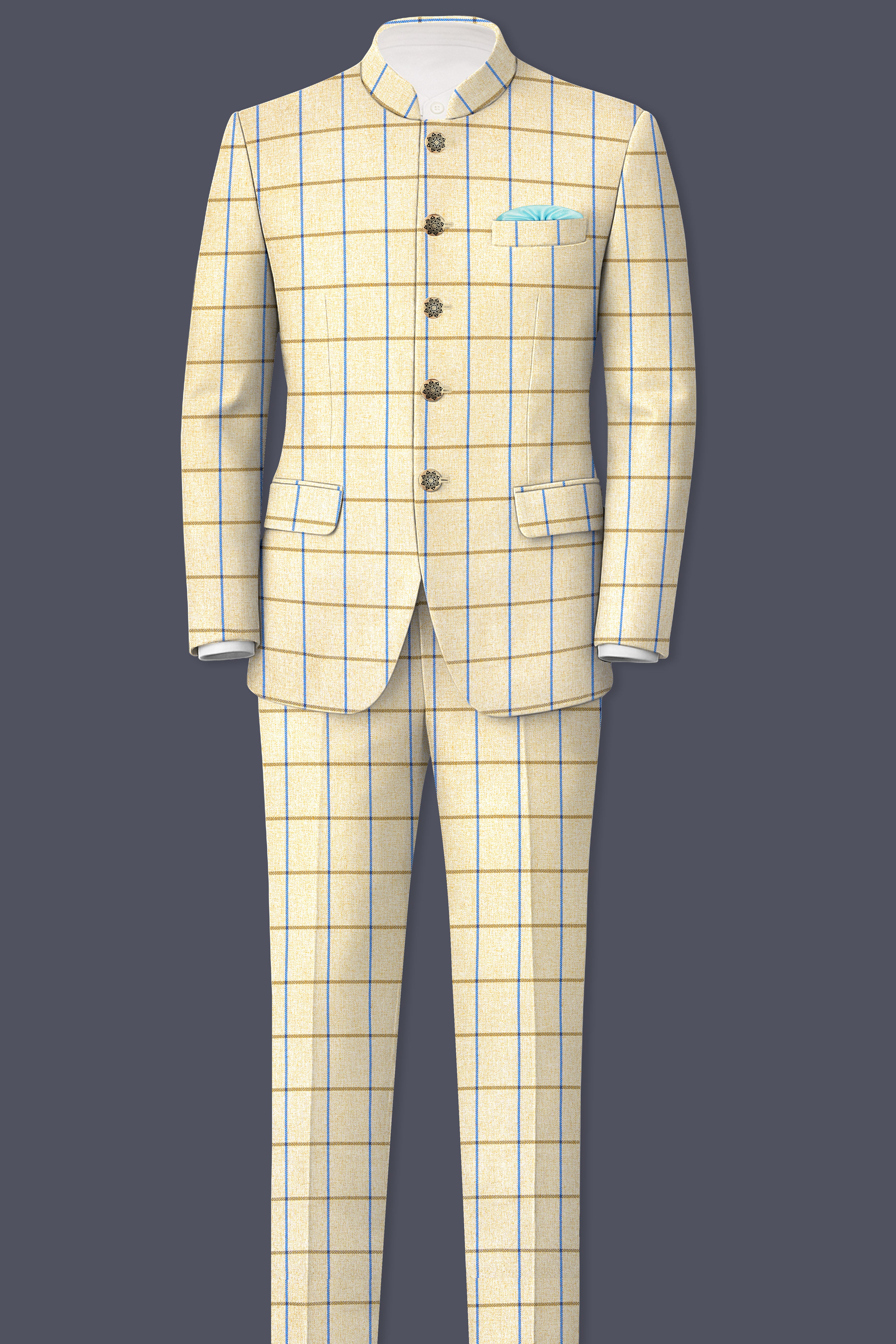 Mushroom Light Brown Checkered Bandhgala Blazer