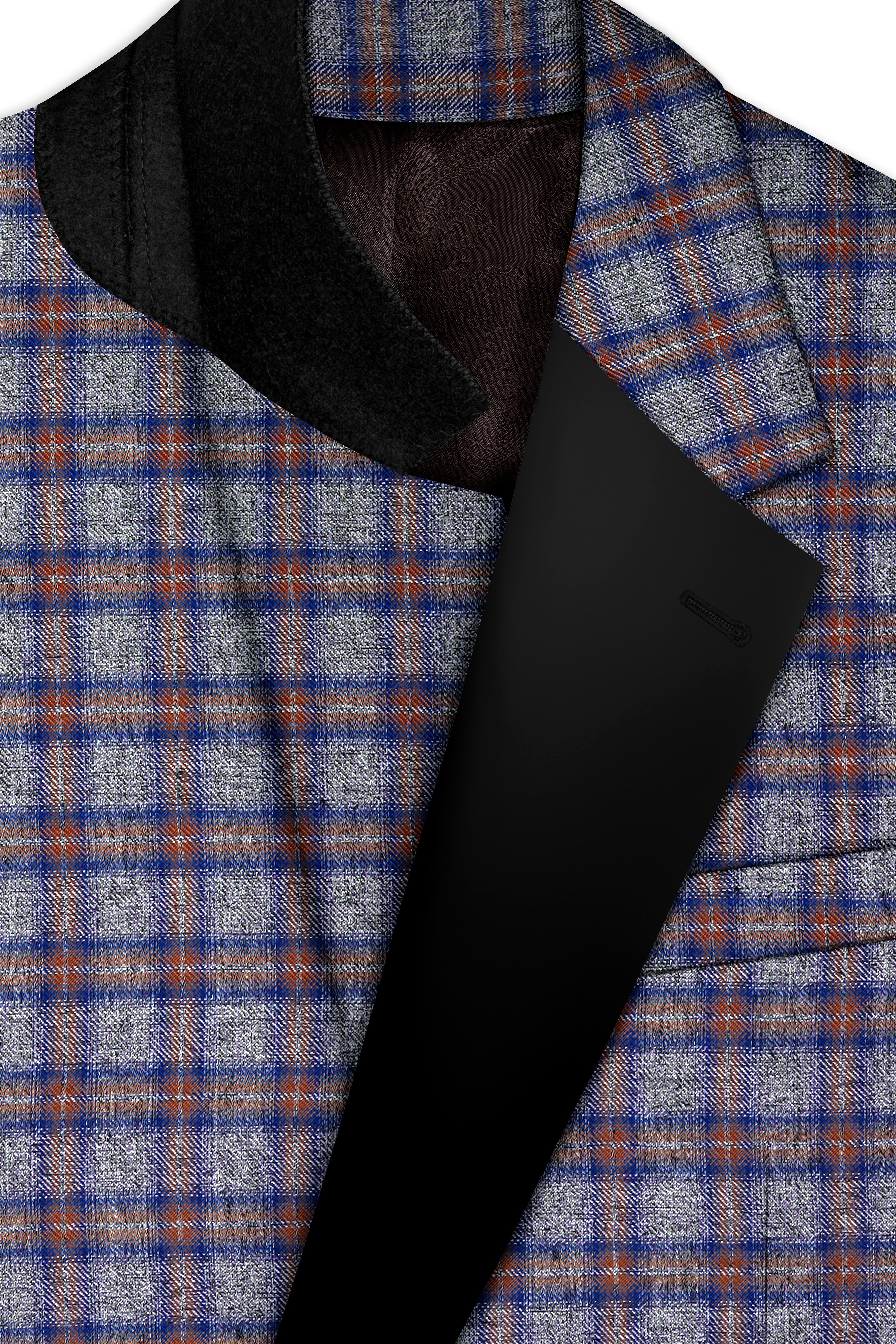 Fuscous Gray Checkered Single Breasted Black Lapel Designer Blazer