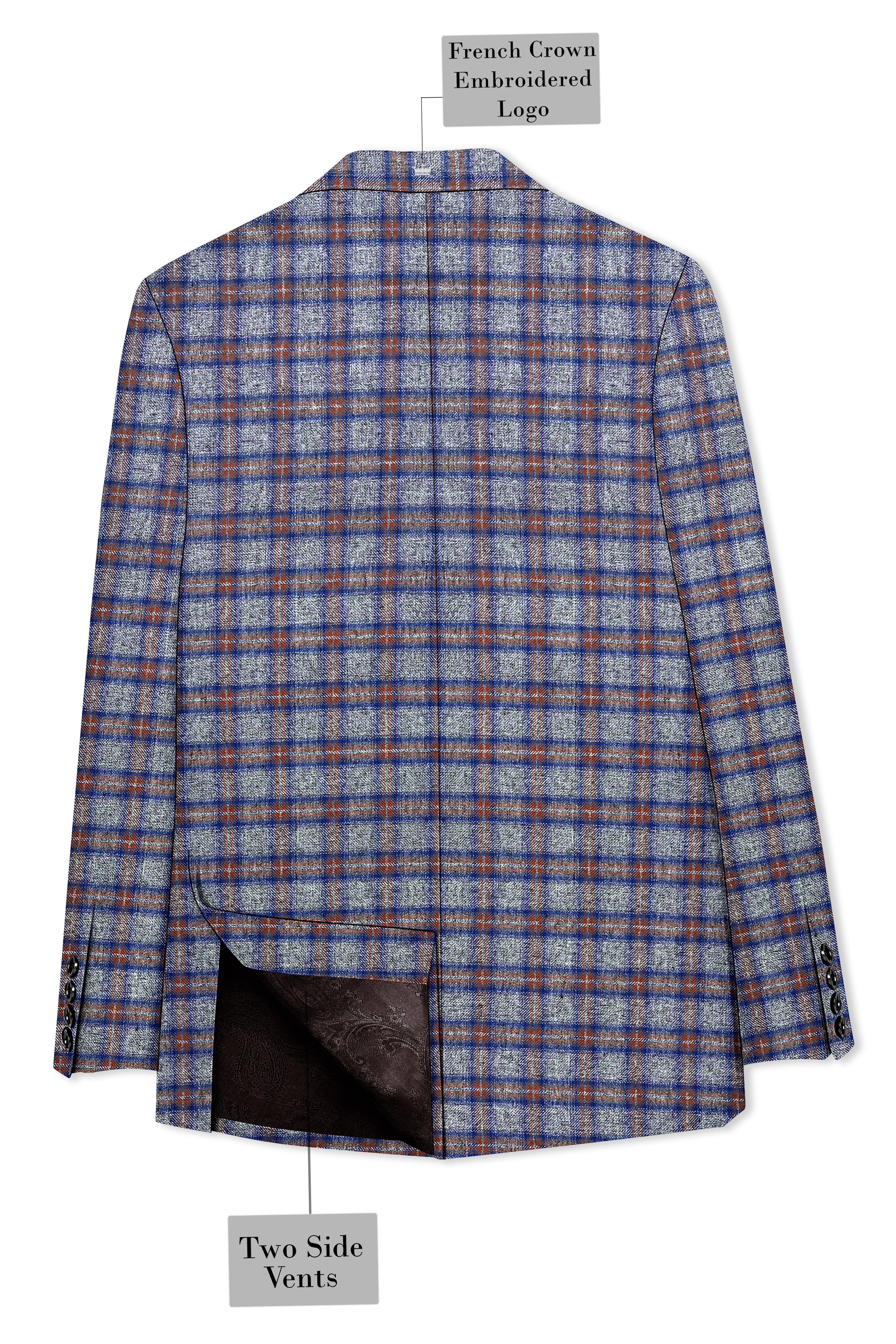 Fuscous Gray Checkered Single Breasted Black Lapel Designer Blazer