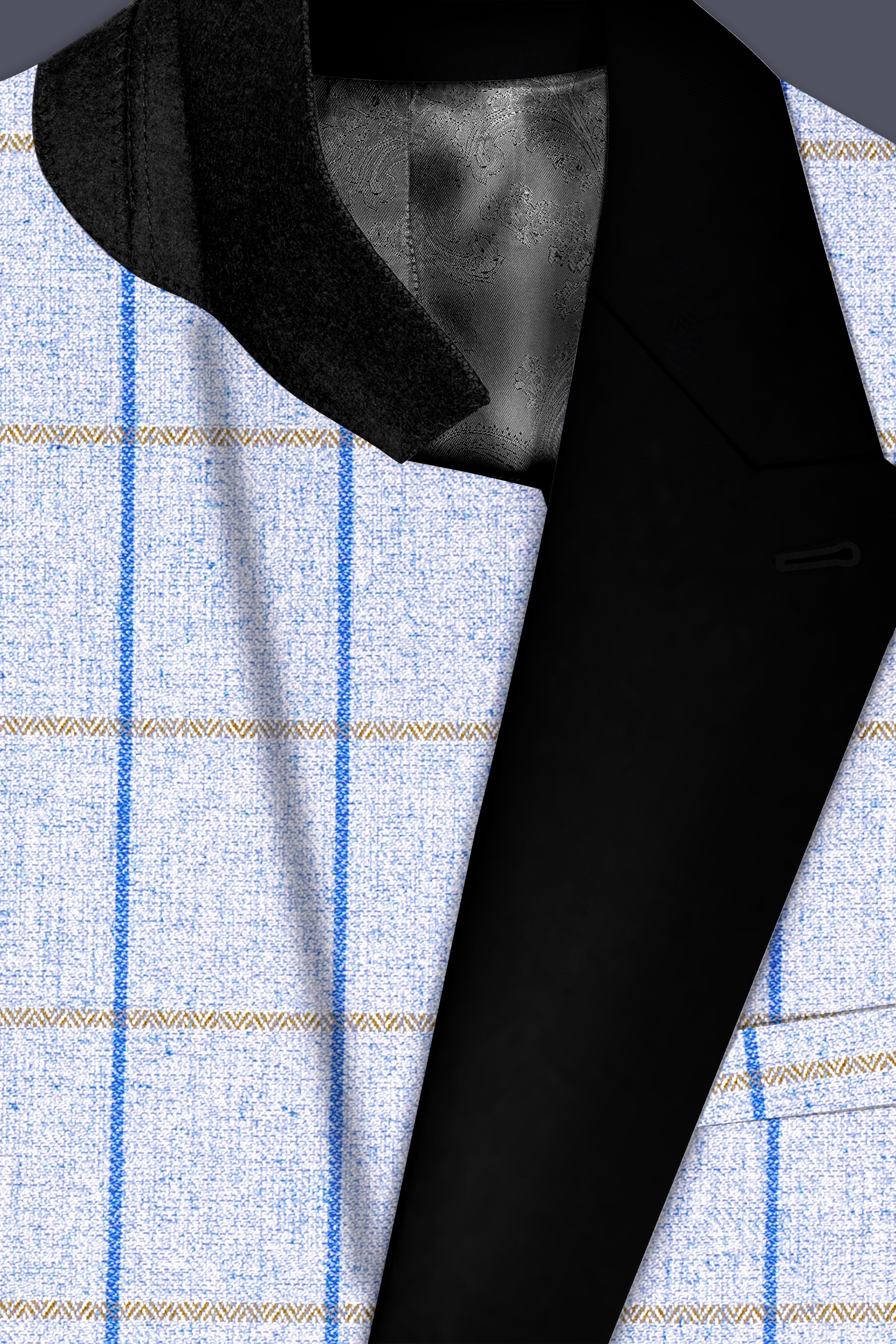 Mobster Blue Checkered Double Breasted Black Lapel Designer Blazer