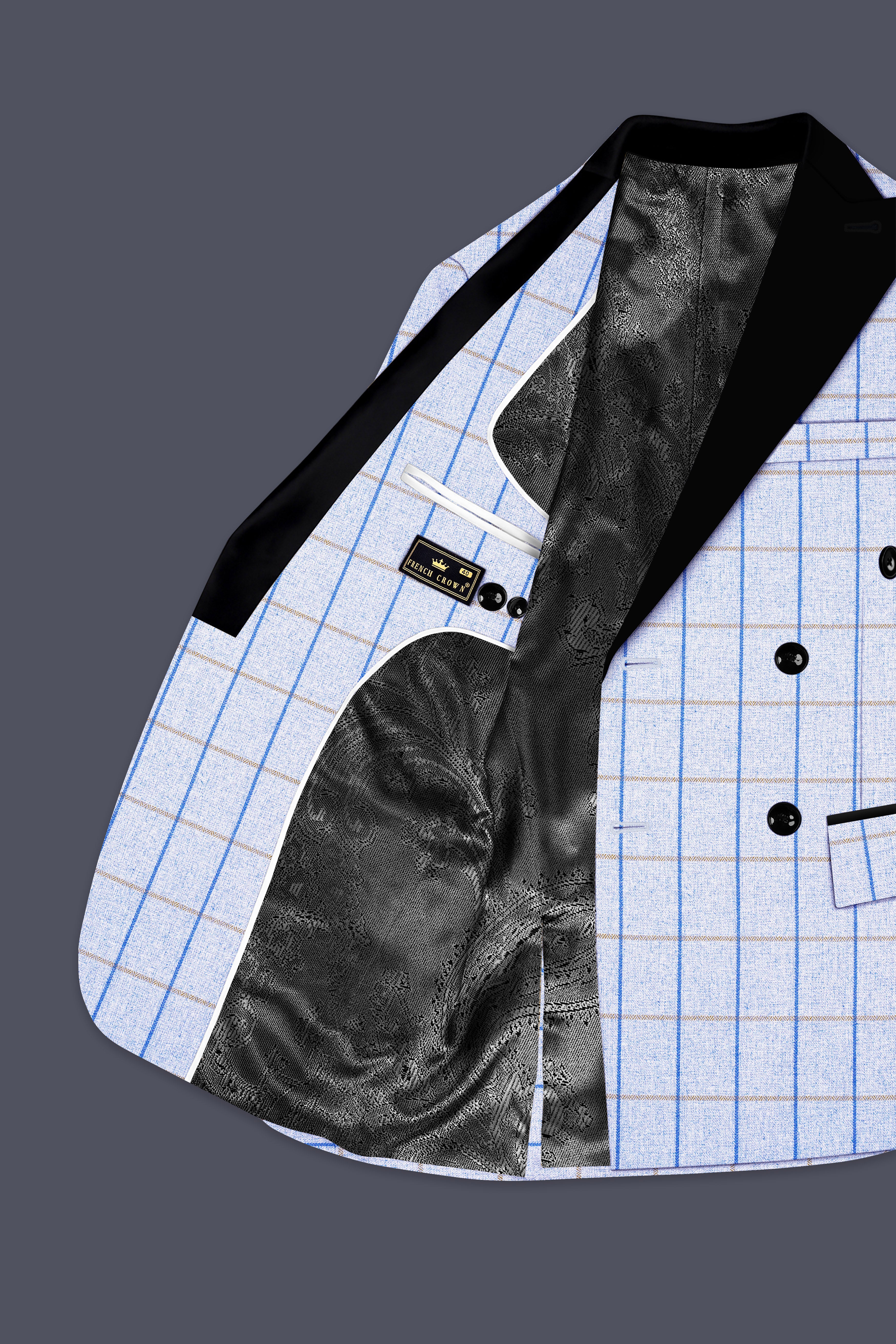 Mobster Blue Checkered Double Breasted Black Lapel Designer Blazer