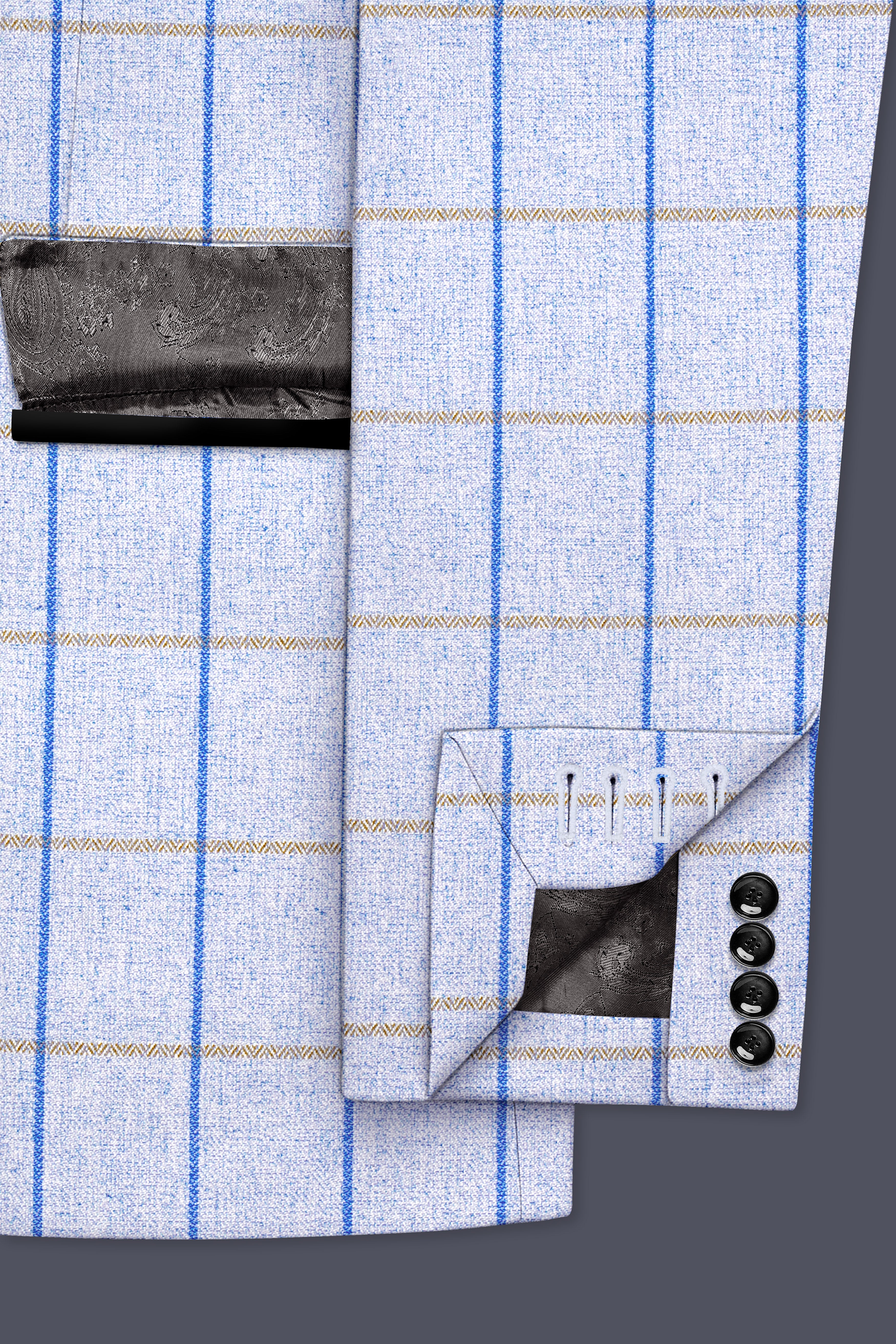 Mobster Blue Checkered Double Breasted Black Lapel Designer Blazer