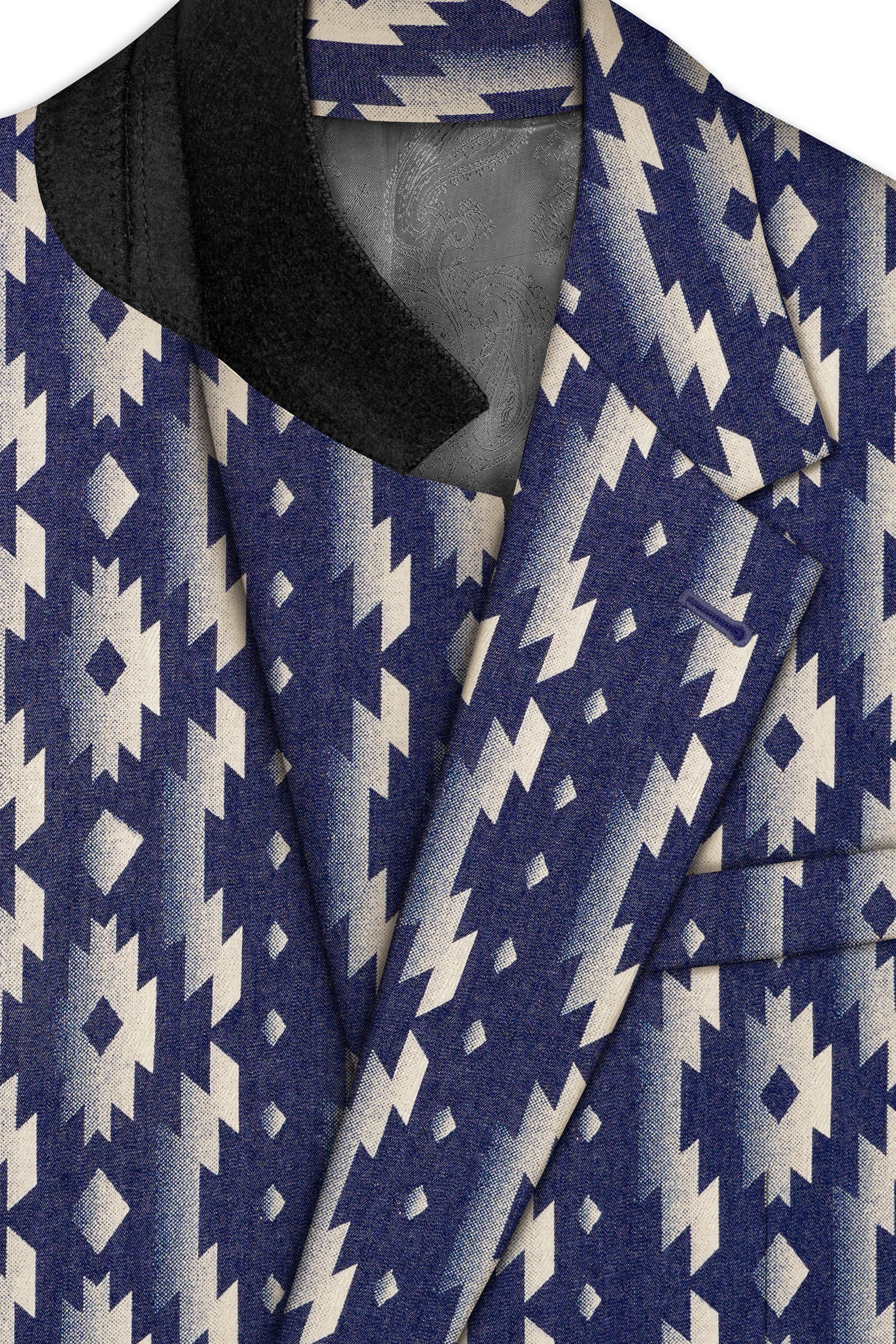 Gunmetal Blue with Nobel Cream Iktat Printed Denim Premium Cotton Designer Blazer