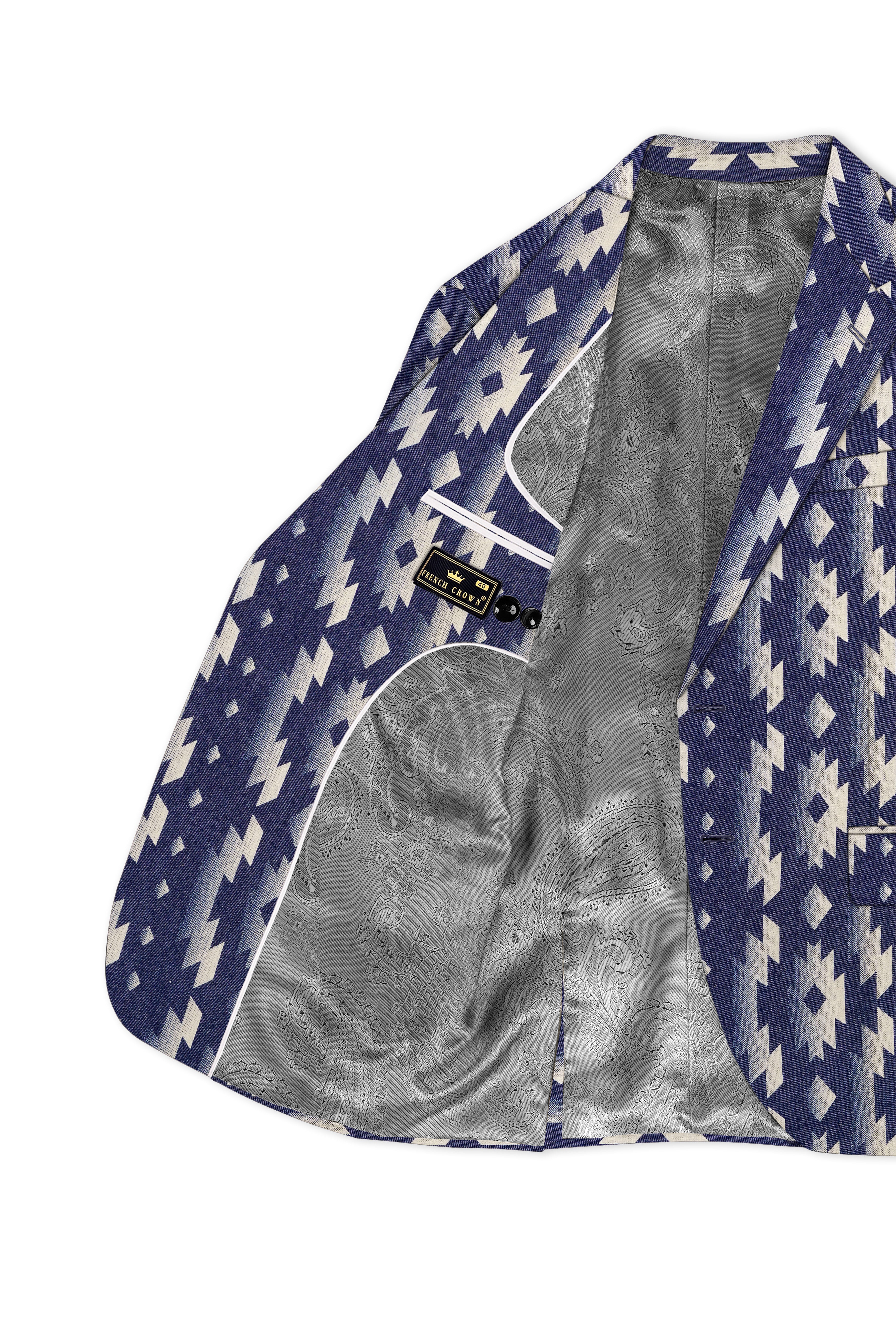 Gunmetal Blue with Nobel Cream Iktat Printed Denim Premium Cotton Designer Blazer
