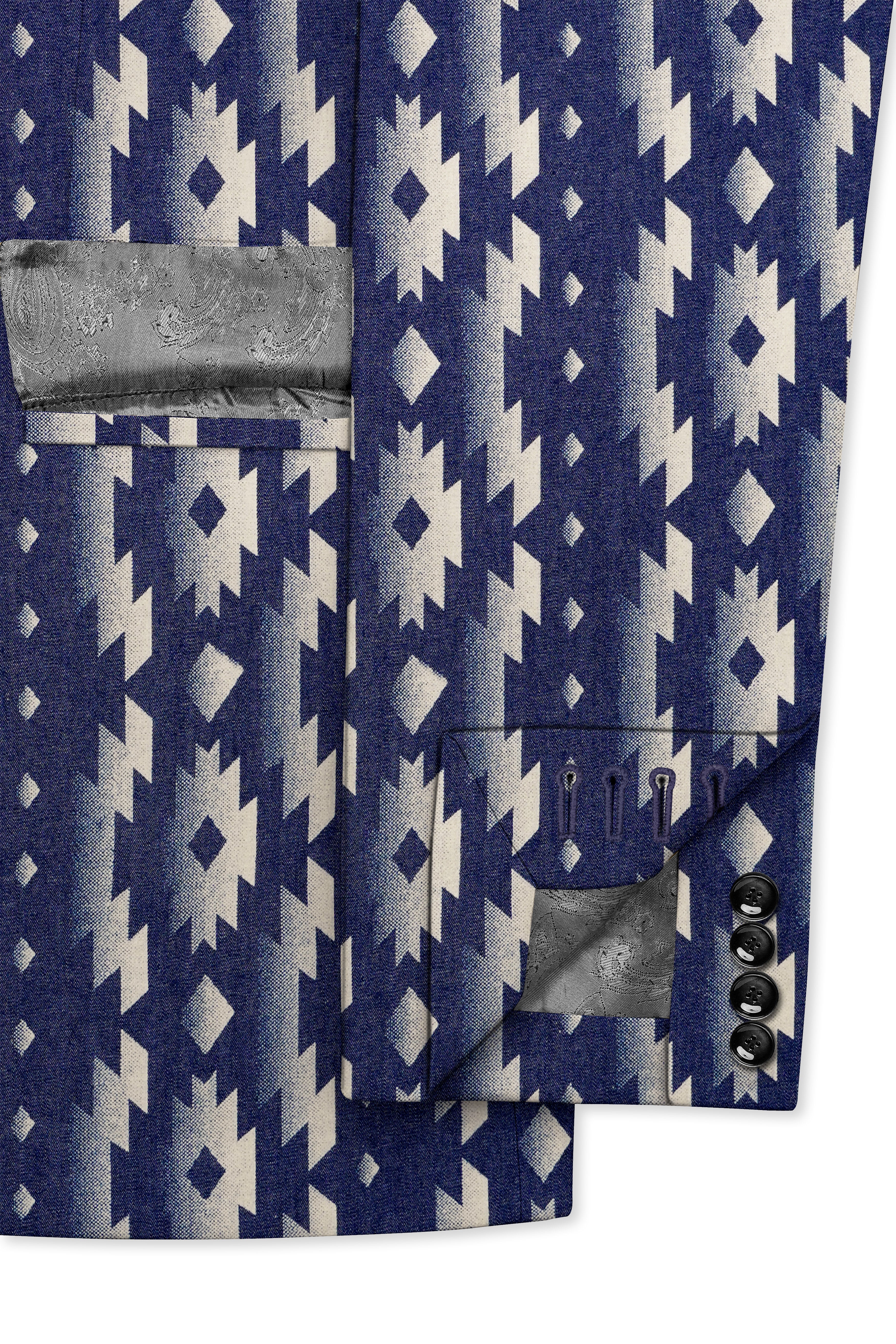 Gunmetal Blue with Nobel Cream Iktat Printed Denim Premium Cotton Designer Blazer
