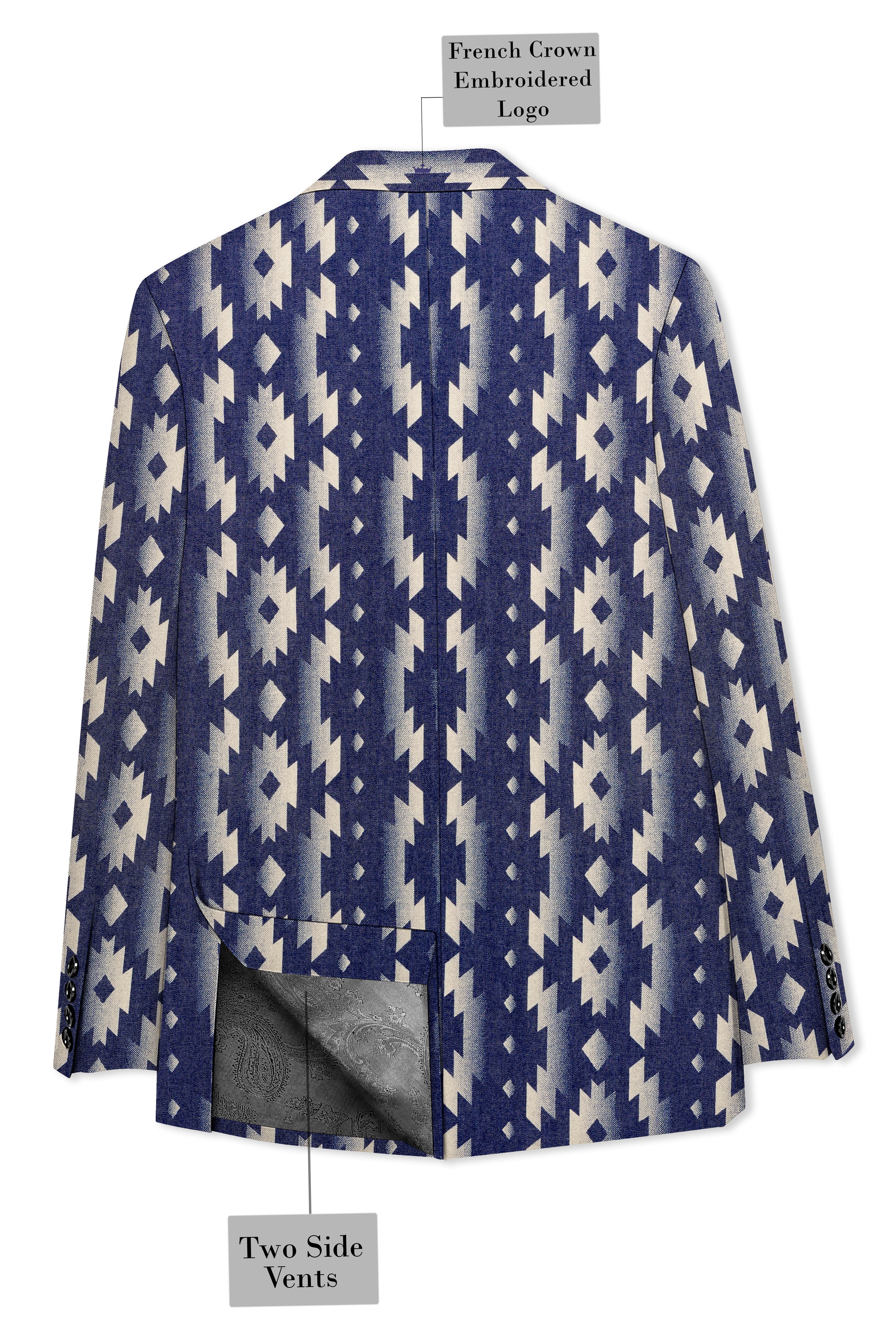 Gunmetal Blue with Nobel Cream Iktat Printed Denim Premium Cotton Designer Blazer