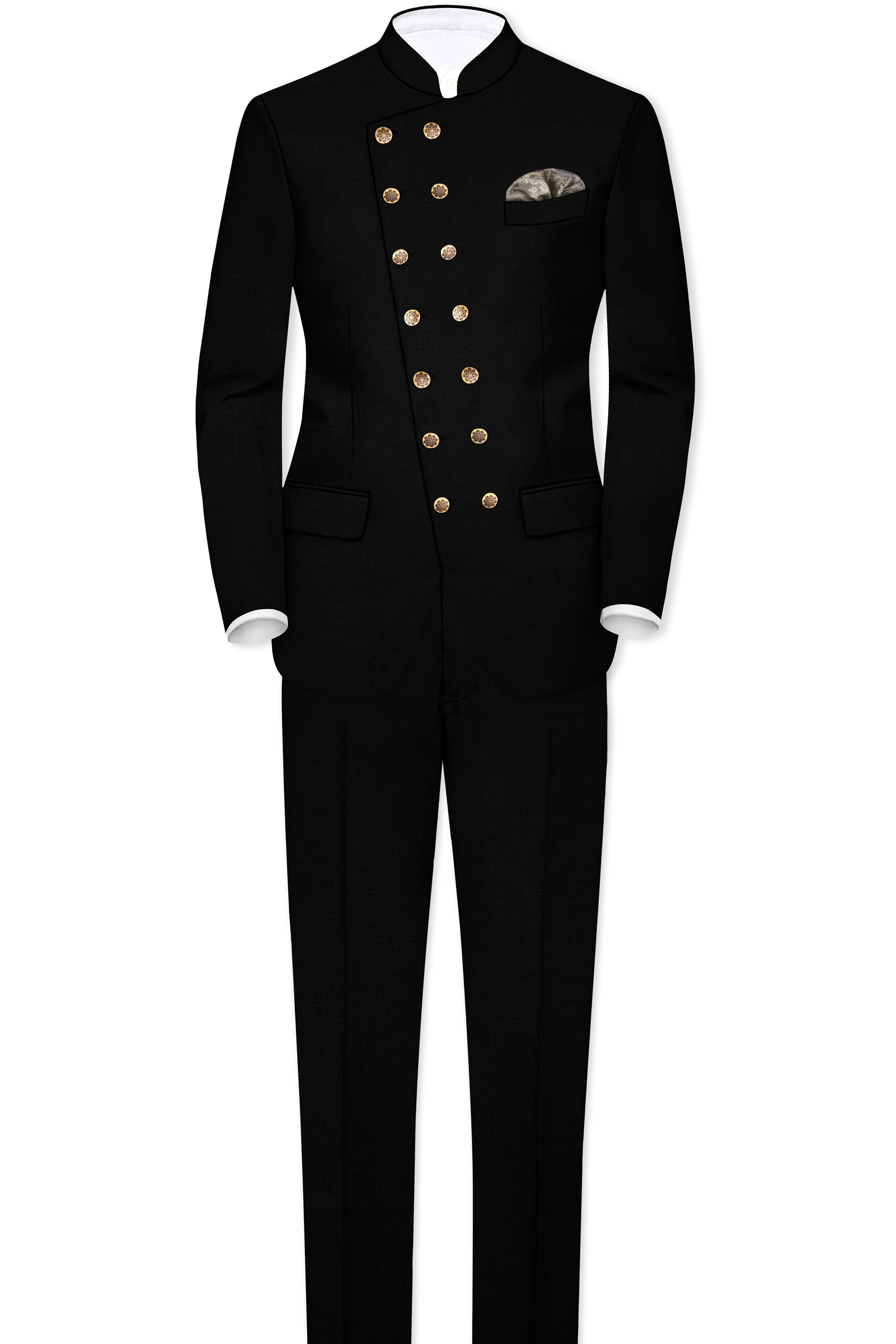 Jade Black Stretchable Subtle Sheen Cross Placket Doble Closure Bandhgala/Mandarin Blazer