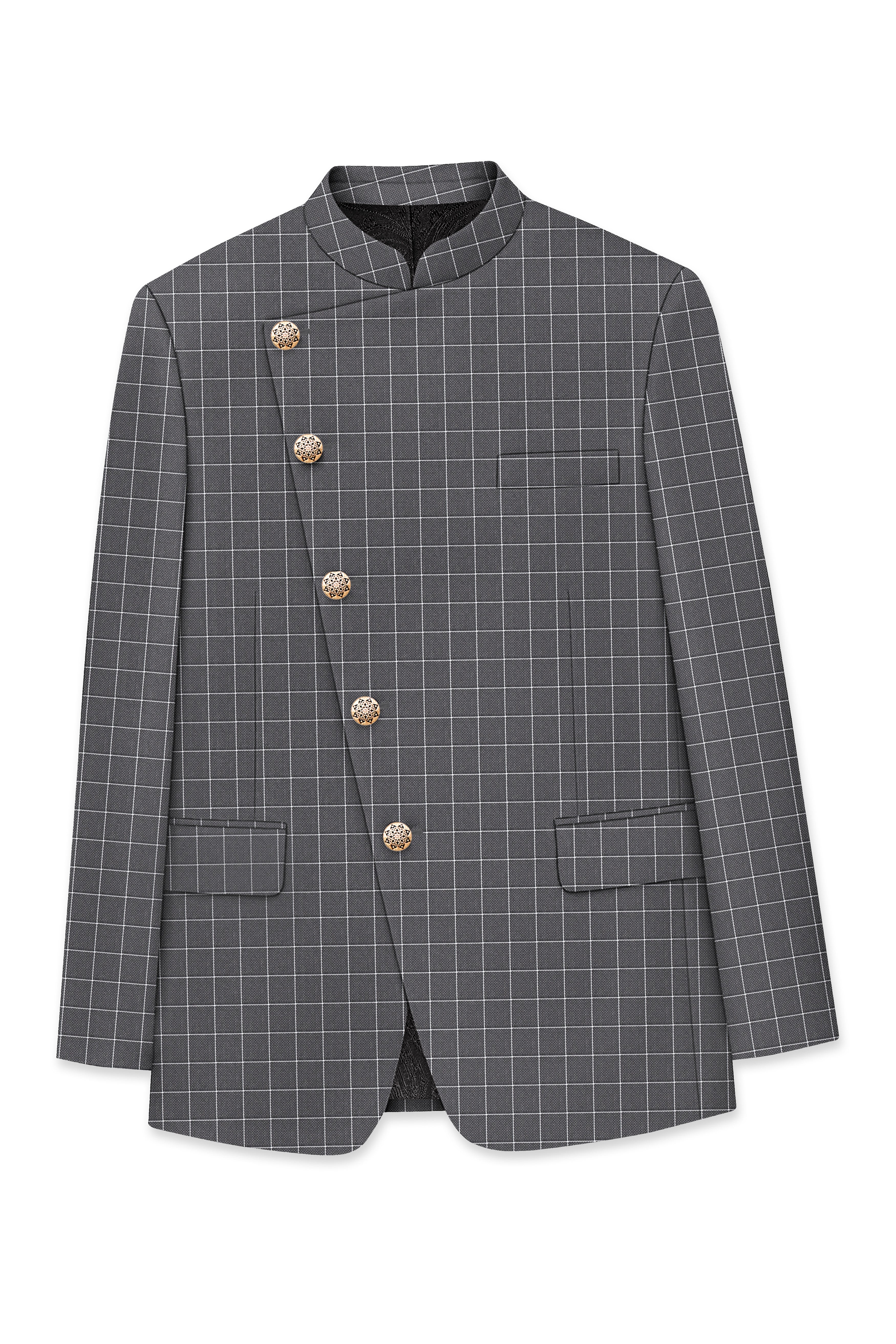 Mortar Gray Checkered Cross Placket Bandhgala Blazer