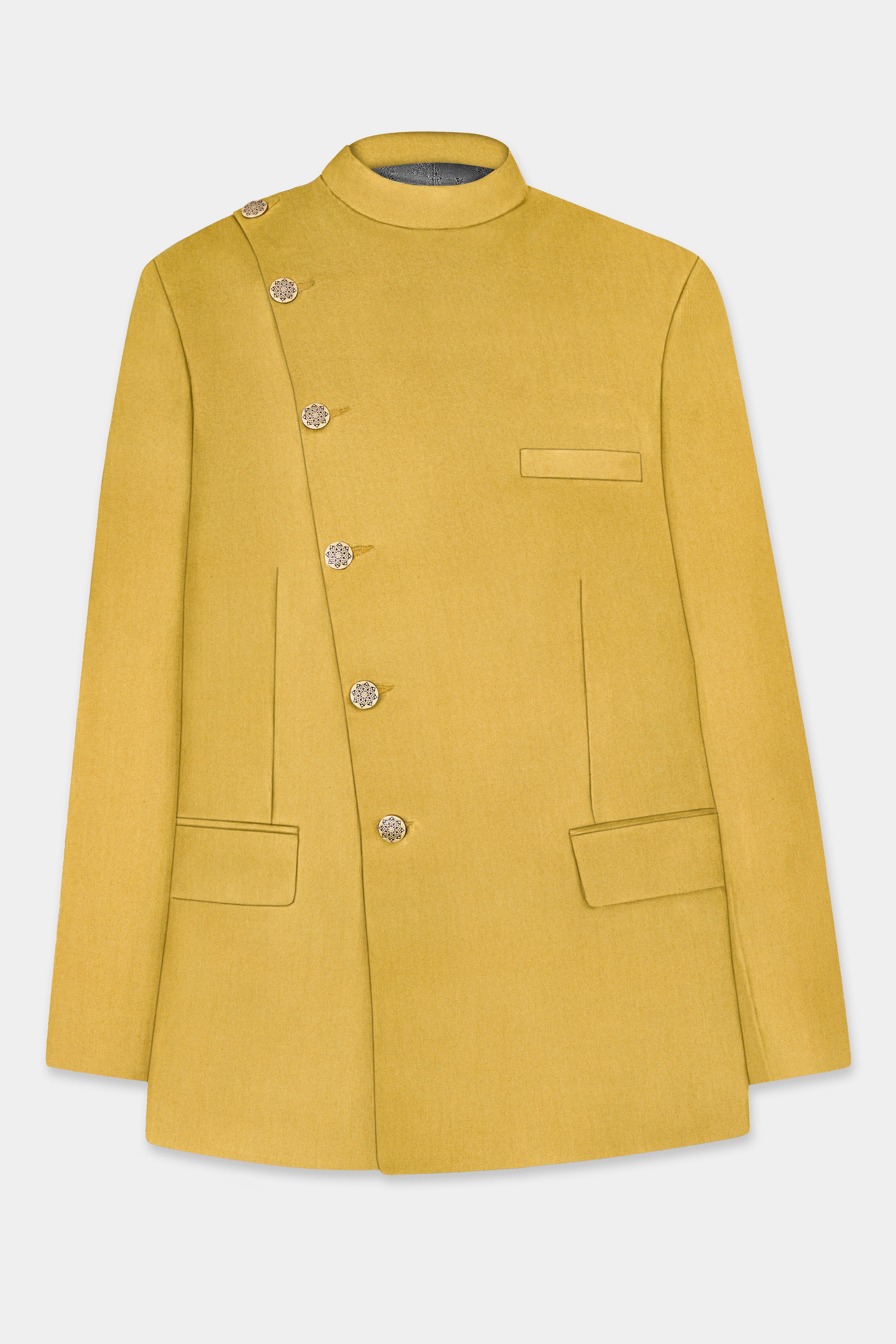 Sycamore Yellow Premium Cotton Cross Placket Bandhgala Blazer