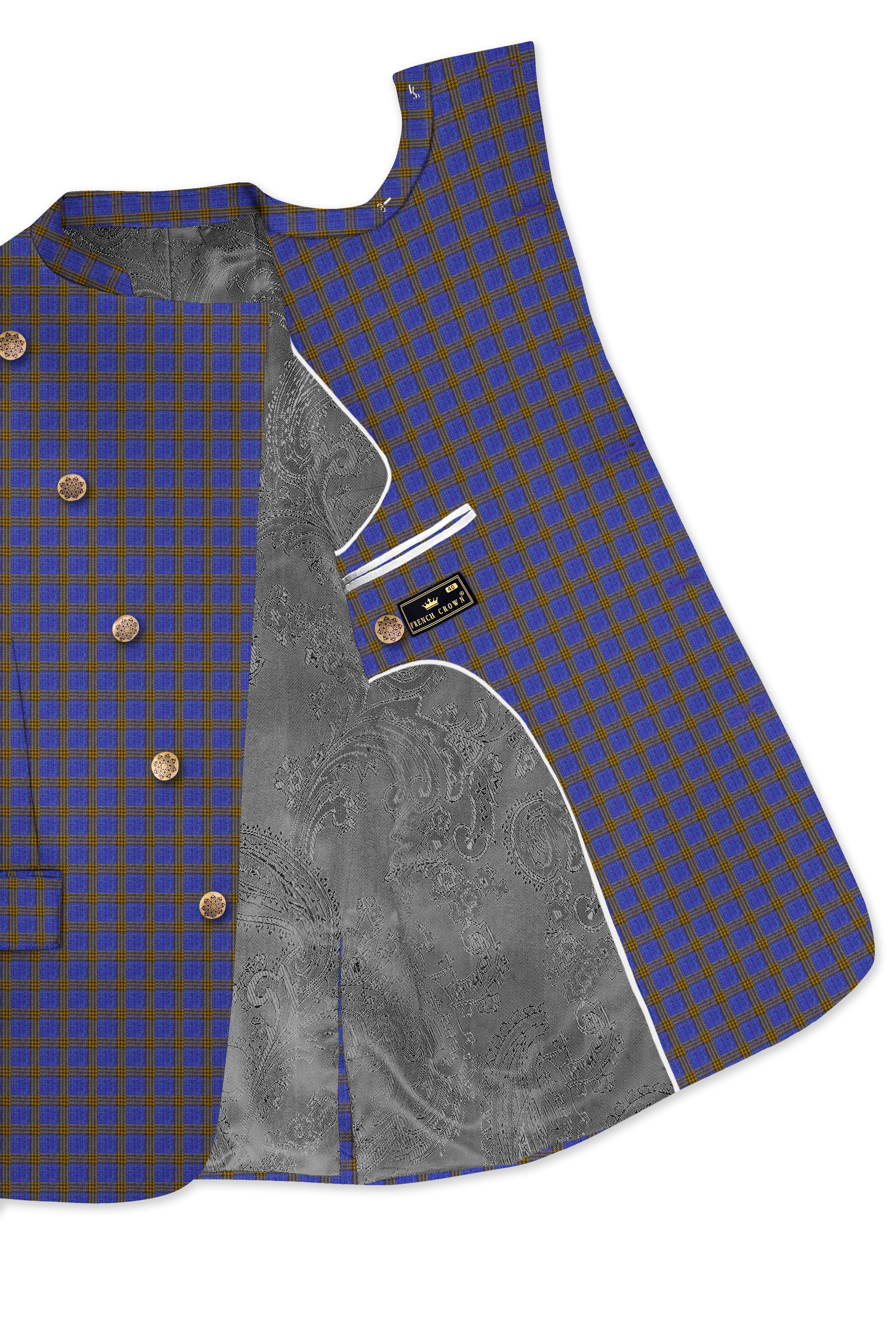 Twilight Blue with Alpine Brown Plaid Cross Placket Bandhgala Blazer