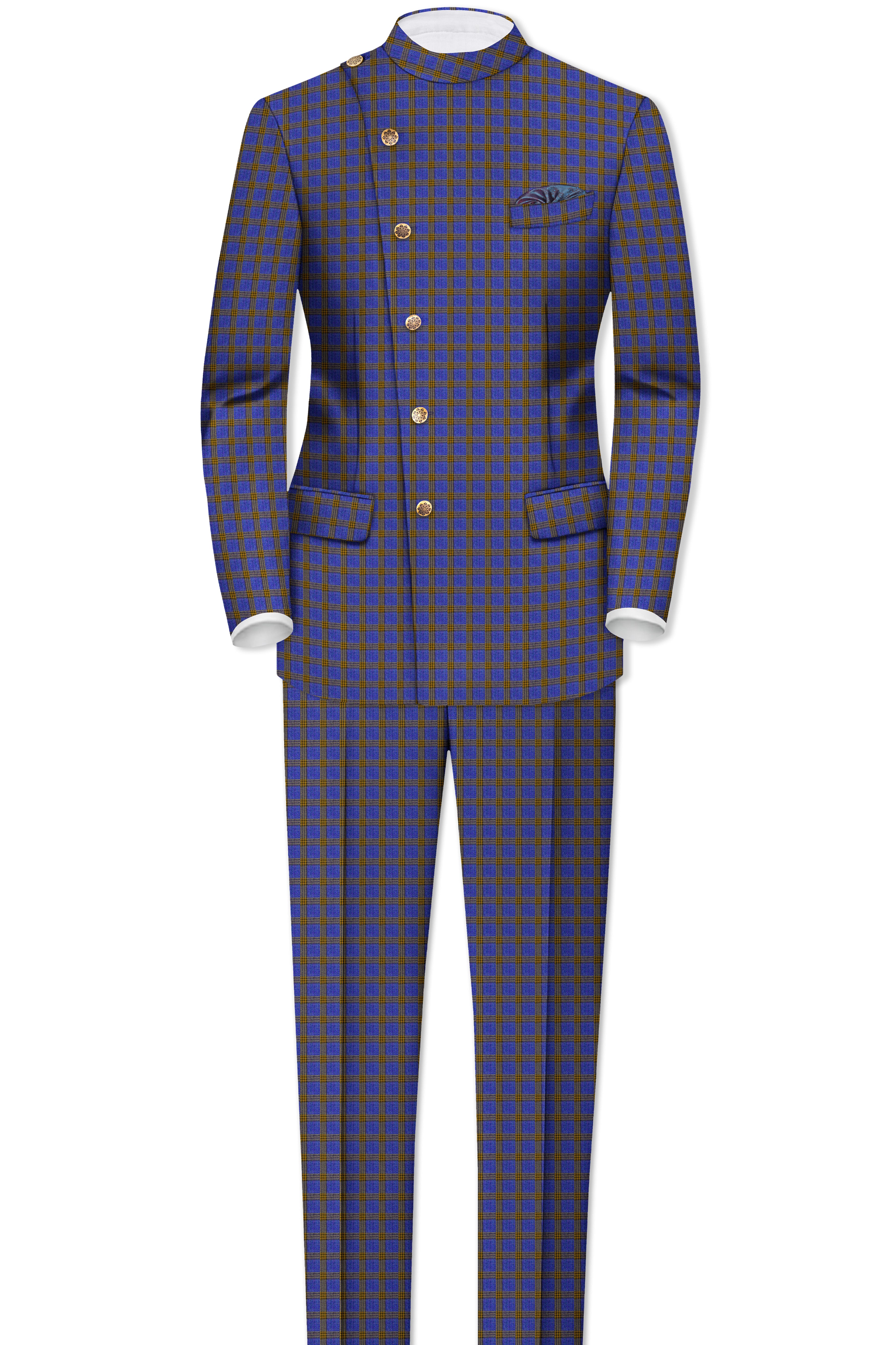 Twilight Blue with Alpine Brown Plaid Cross Placket Bandhgala Blazer