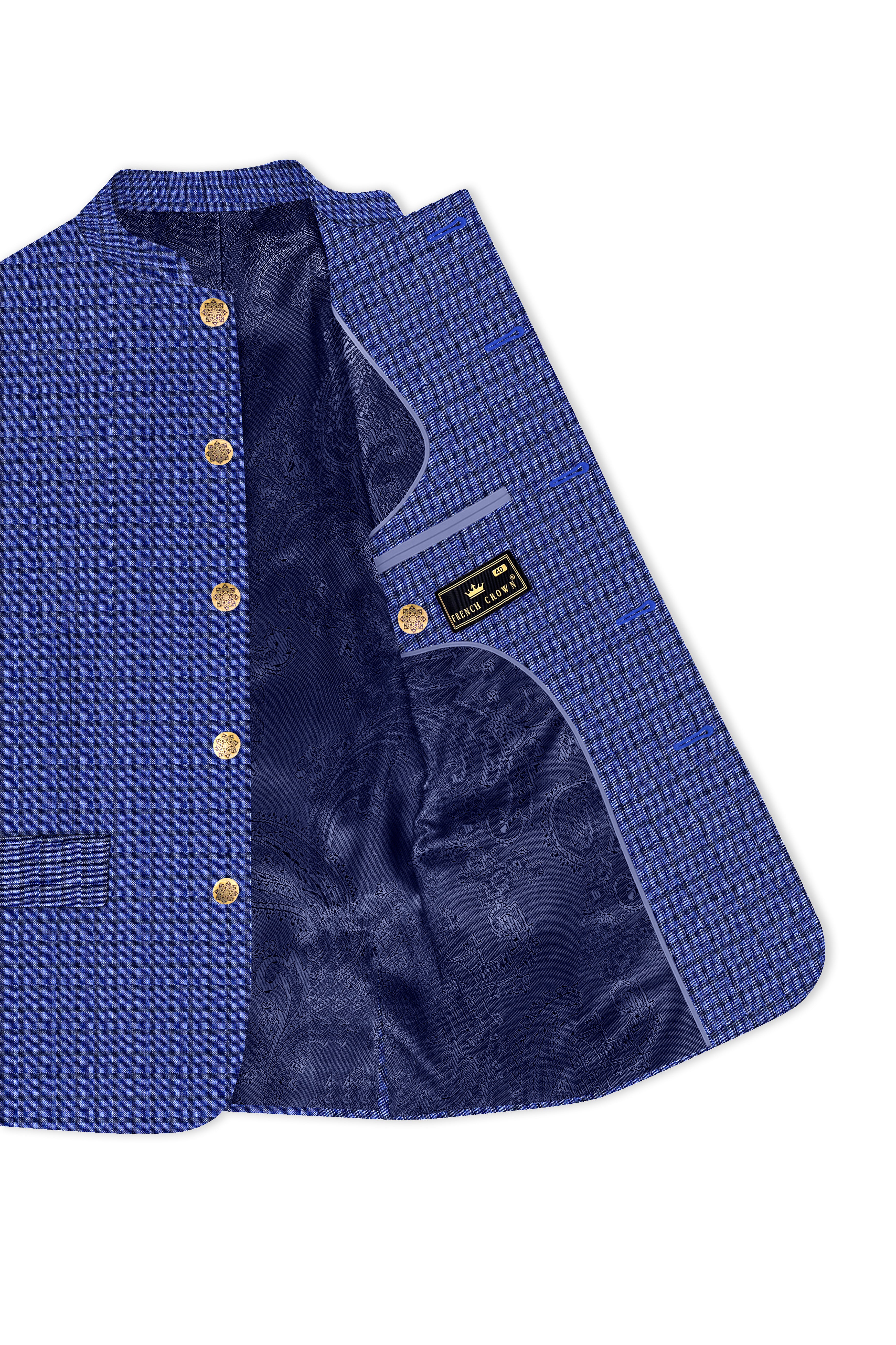 Victoria Blue Gingham Checkered Bandhgala Blazer