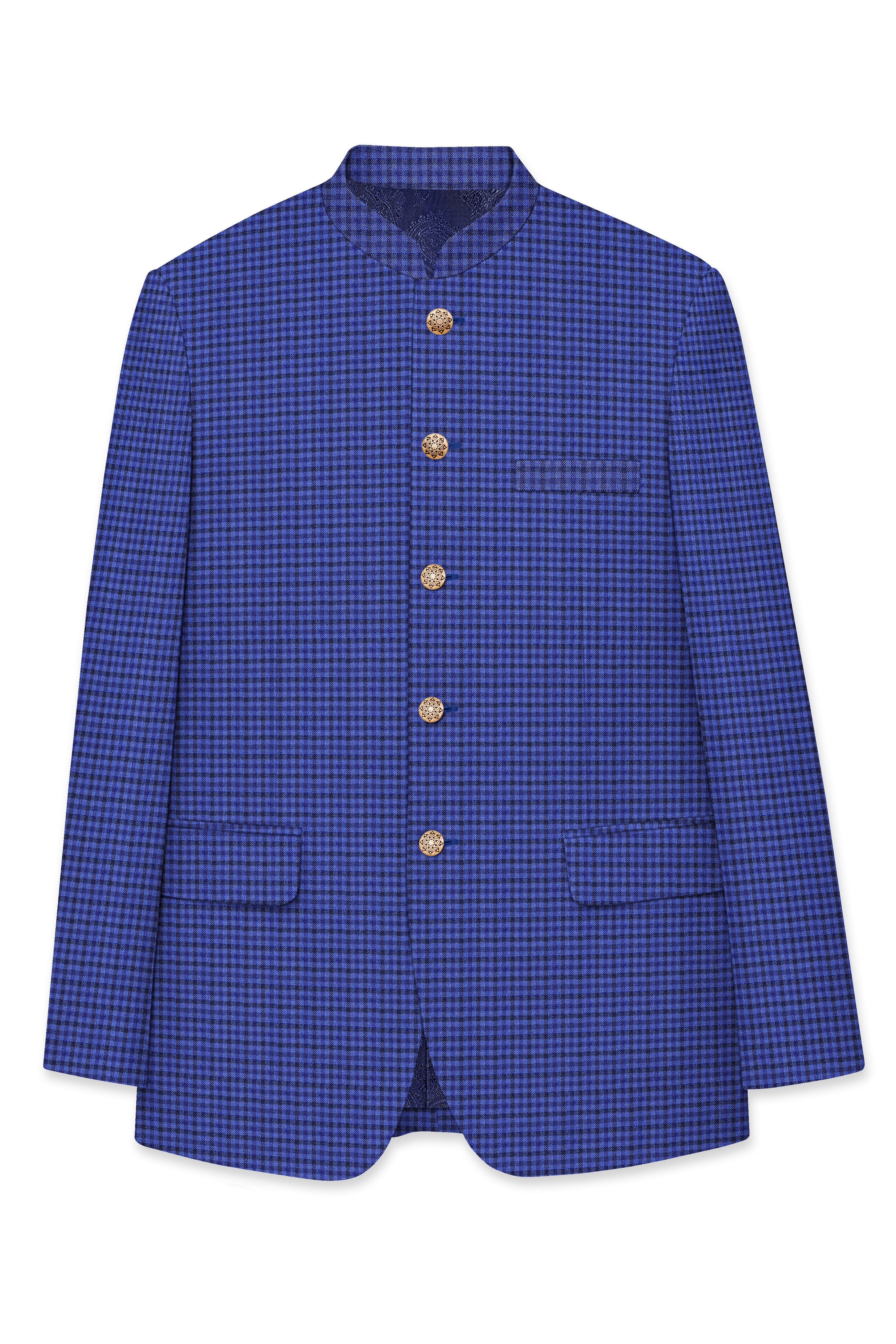 Victoria Blue Gingham Checkered Bandhgala Blazer