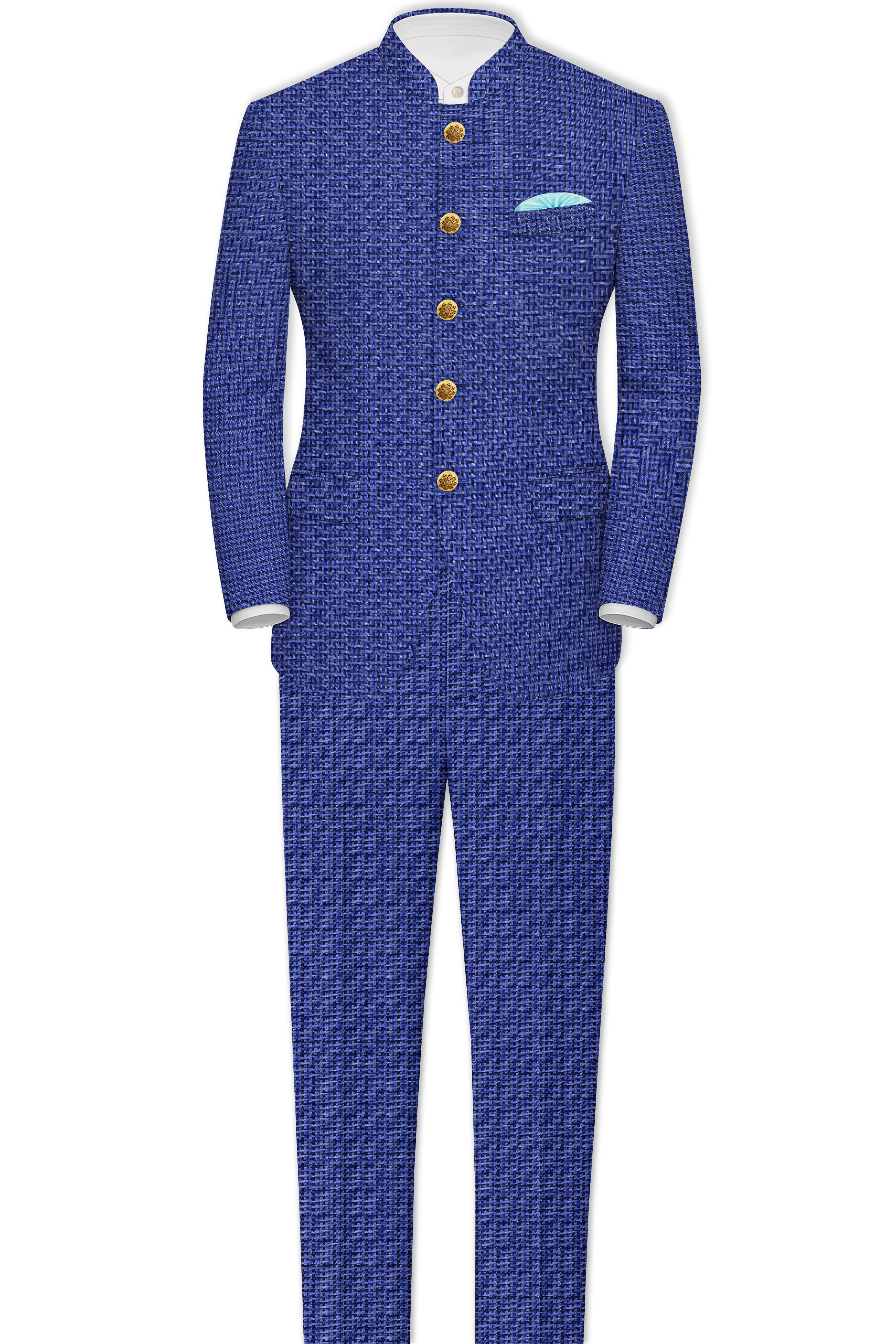 Victoria Blue Gingham Checkered Bandhgala Blazer