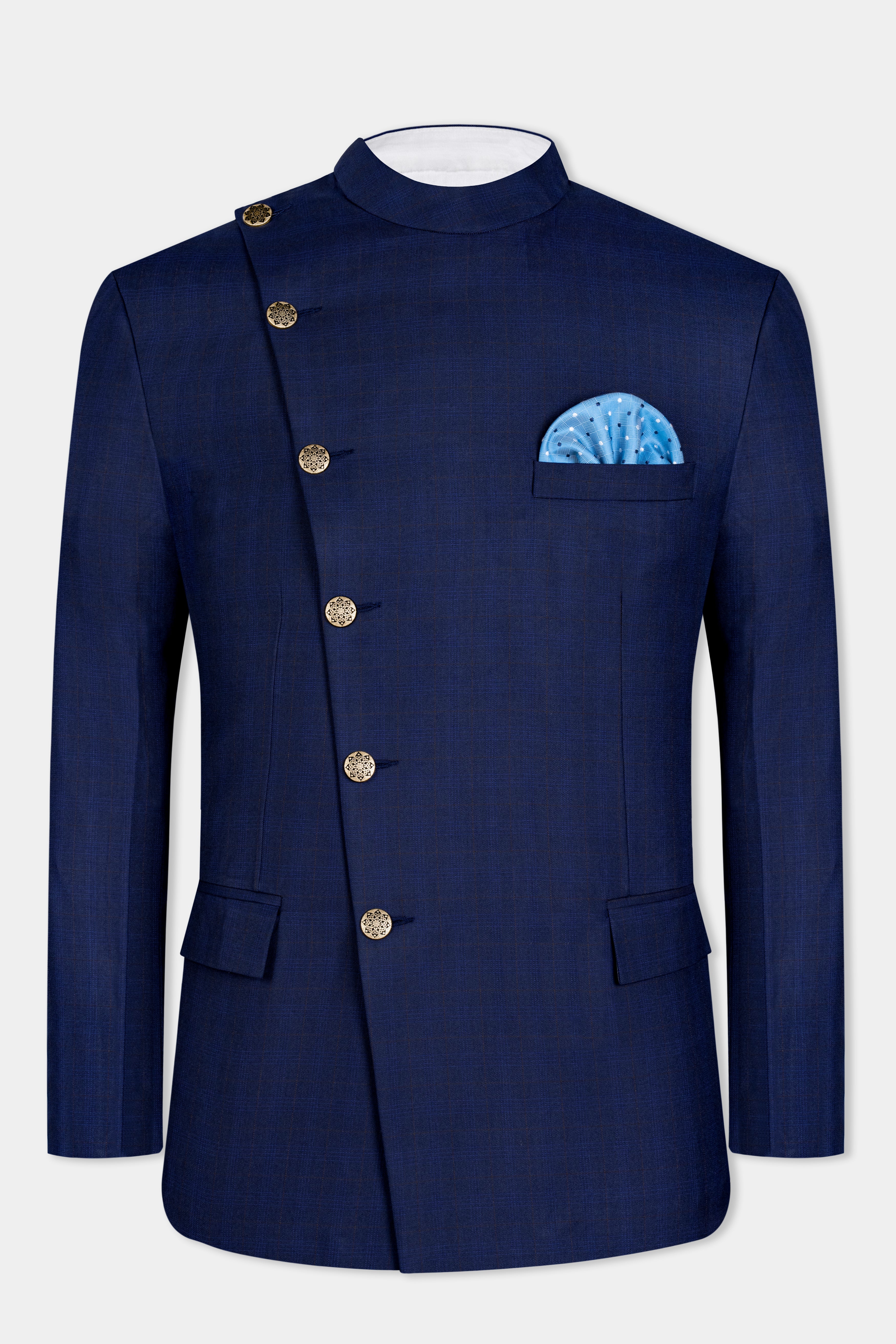Tuna Blue Windowpane Cross Placket Bandhgaala Blazer