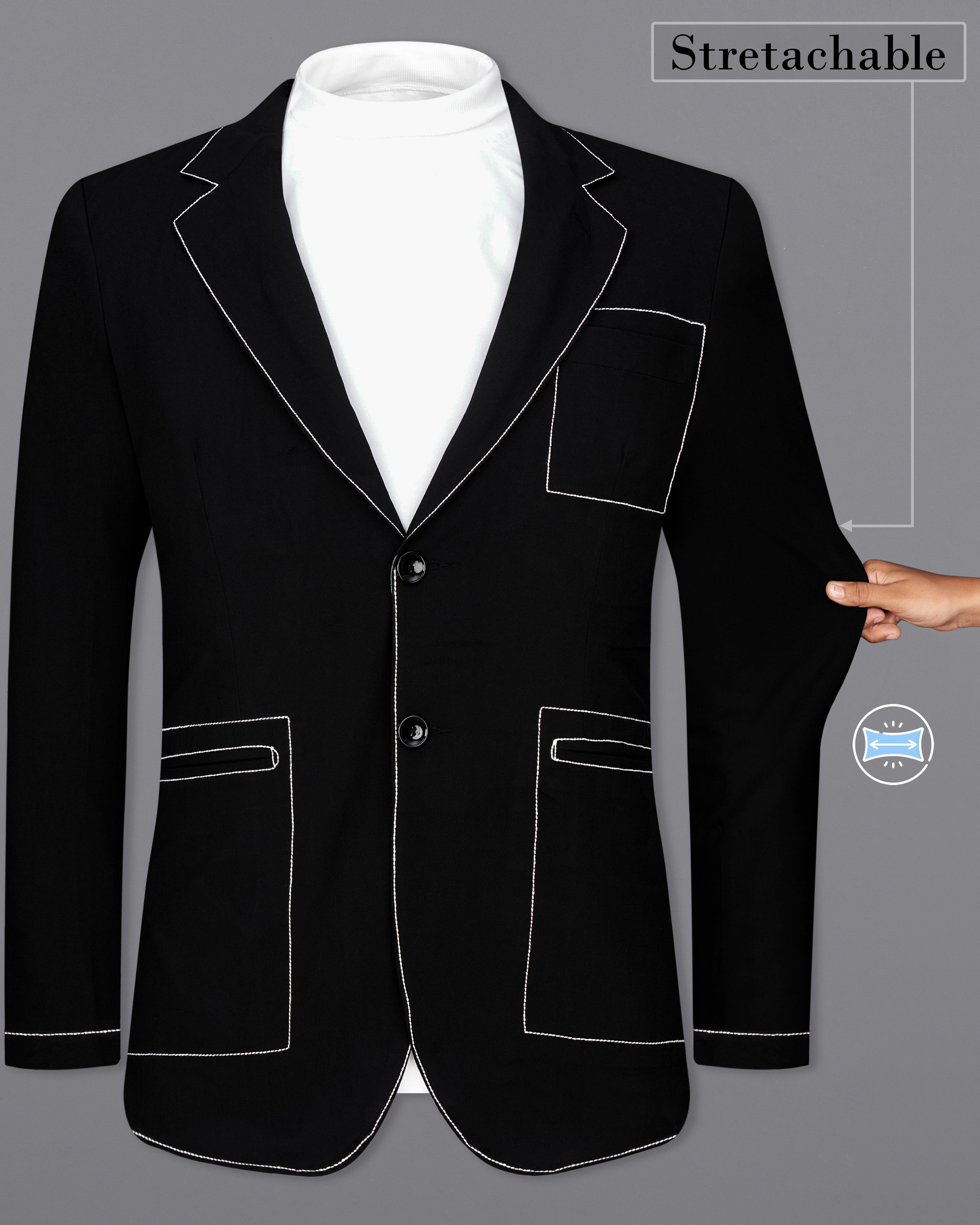 Jade Black with White Threadwork Stretchable Designer traveler Blazer