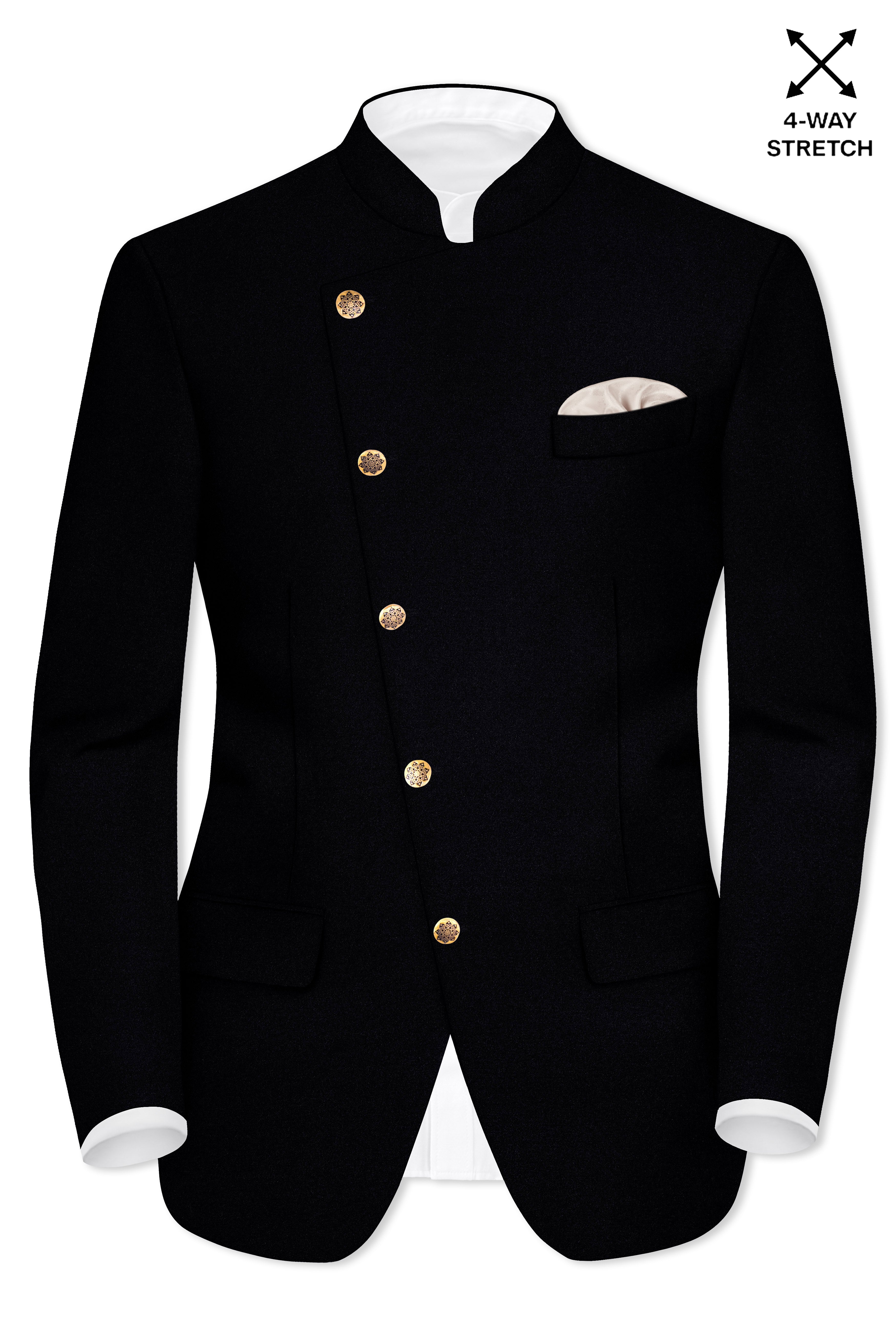 Noirex-Korean Black (The Best Black We Have) Cross Placket 4-Way Stretch Bandhgala Blazer