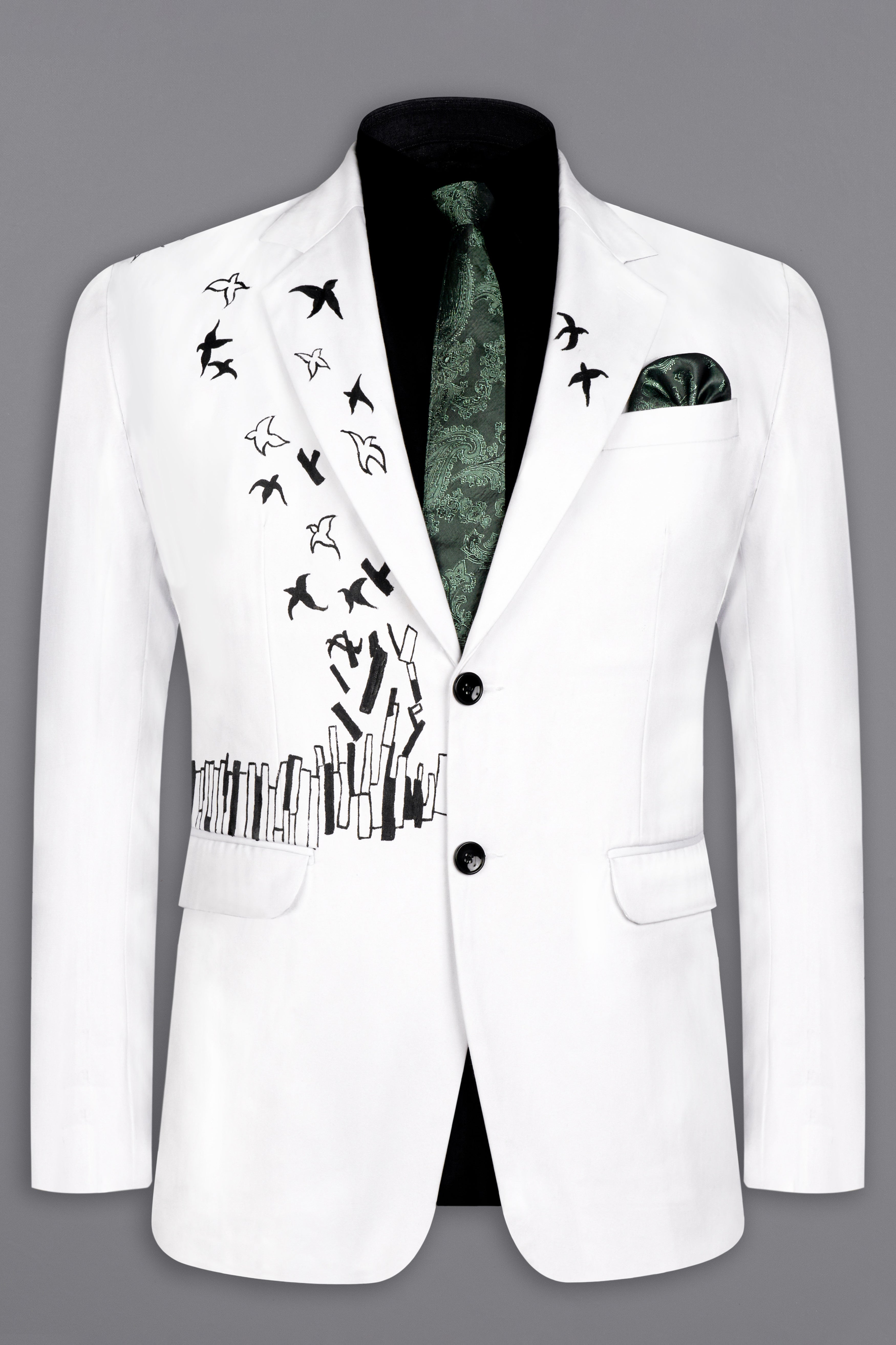 Bright White With Attractive Hand Painted Stretchable Single Breasted Designer Blazer