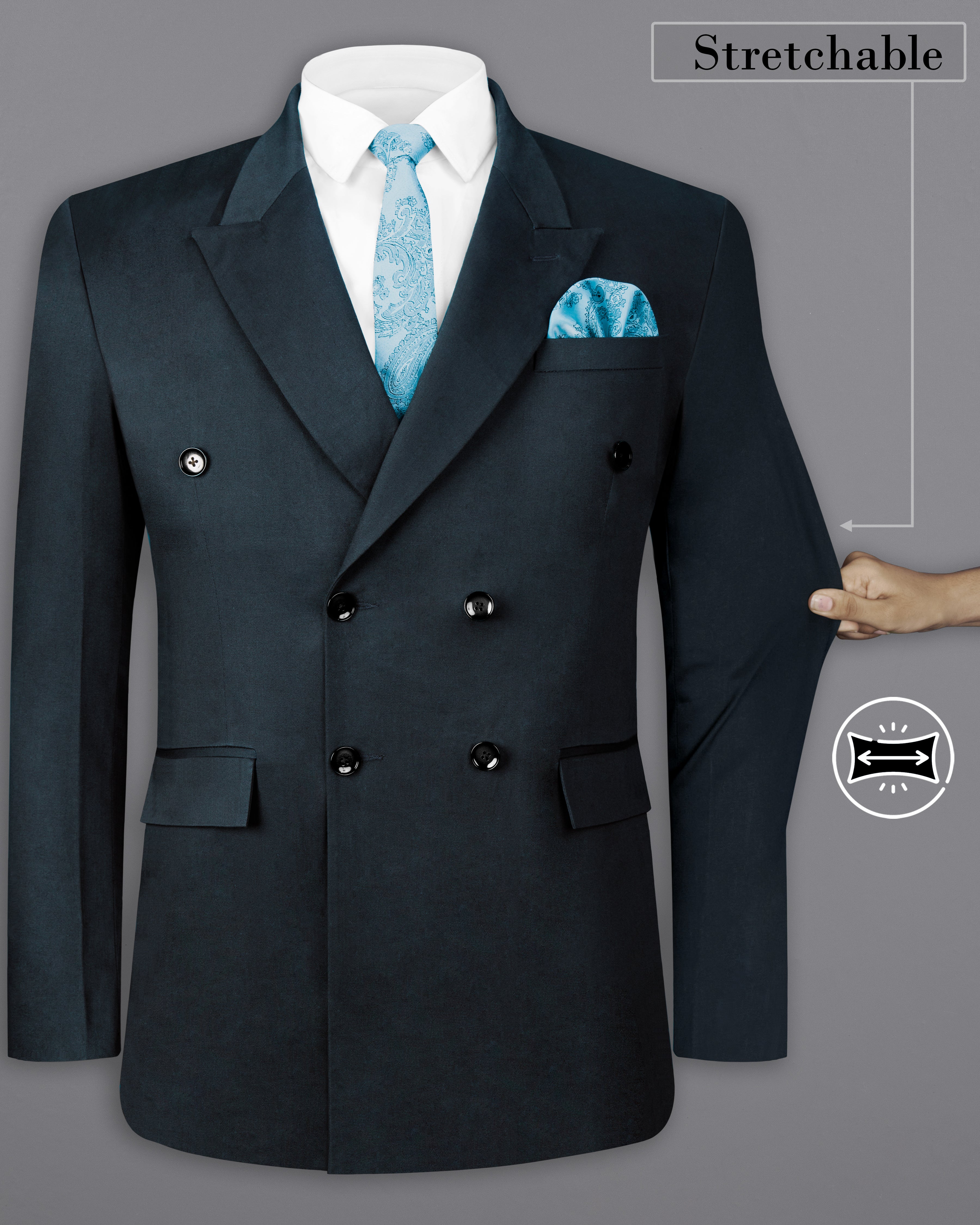 Timber Sea Green Solid Stretchable Premium Cotton Double Breasted traveler Blazer