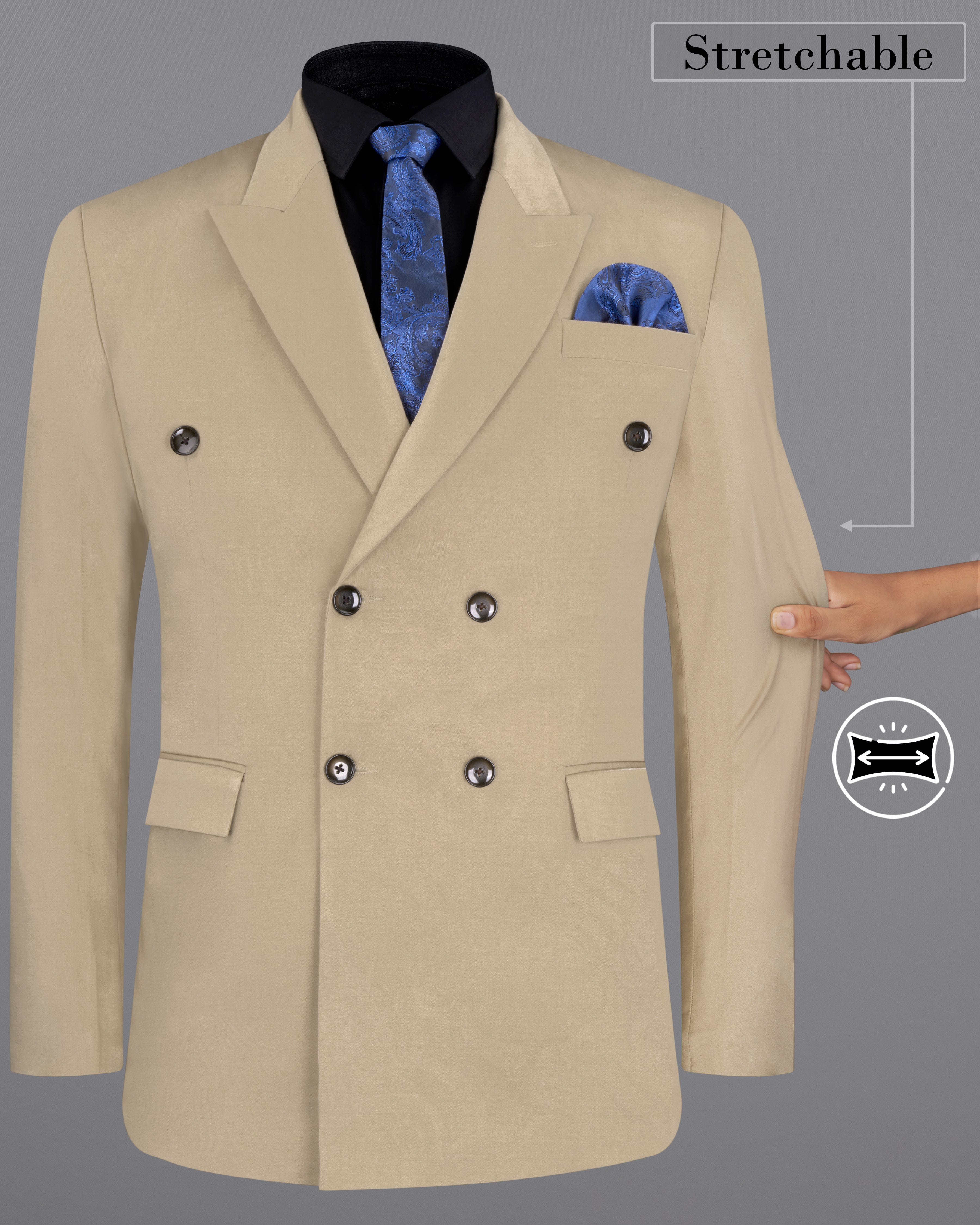 Quicksand Brown Stretchable Double Breasted Premium Cotton traveler Blazer