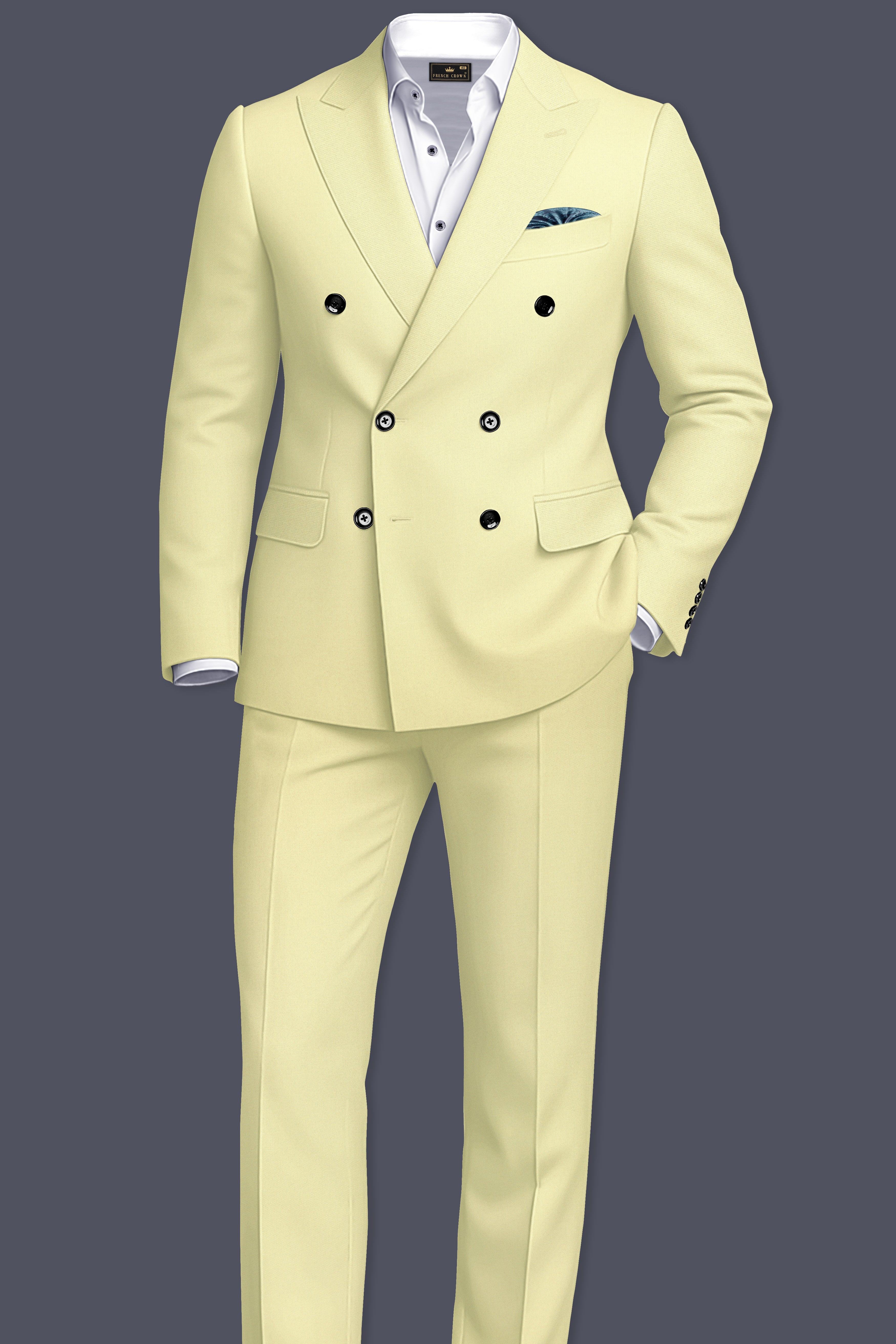 Maize Cream Stretchable Double Breasted Premium Cotton traveler Blazer