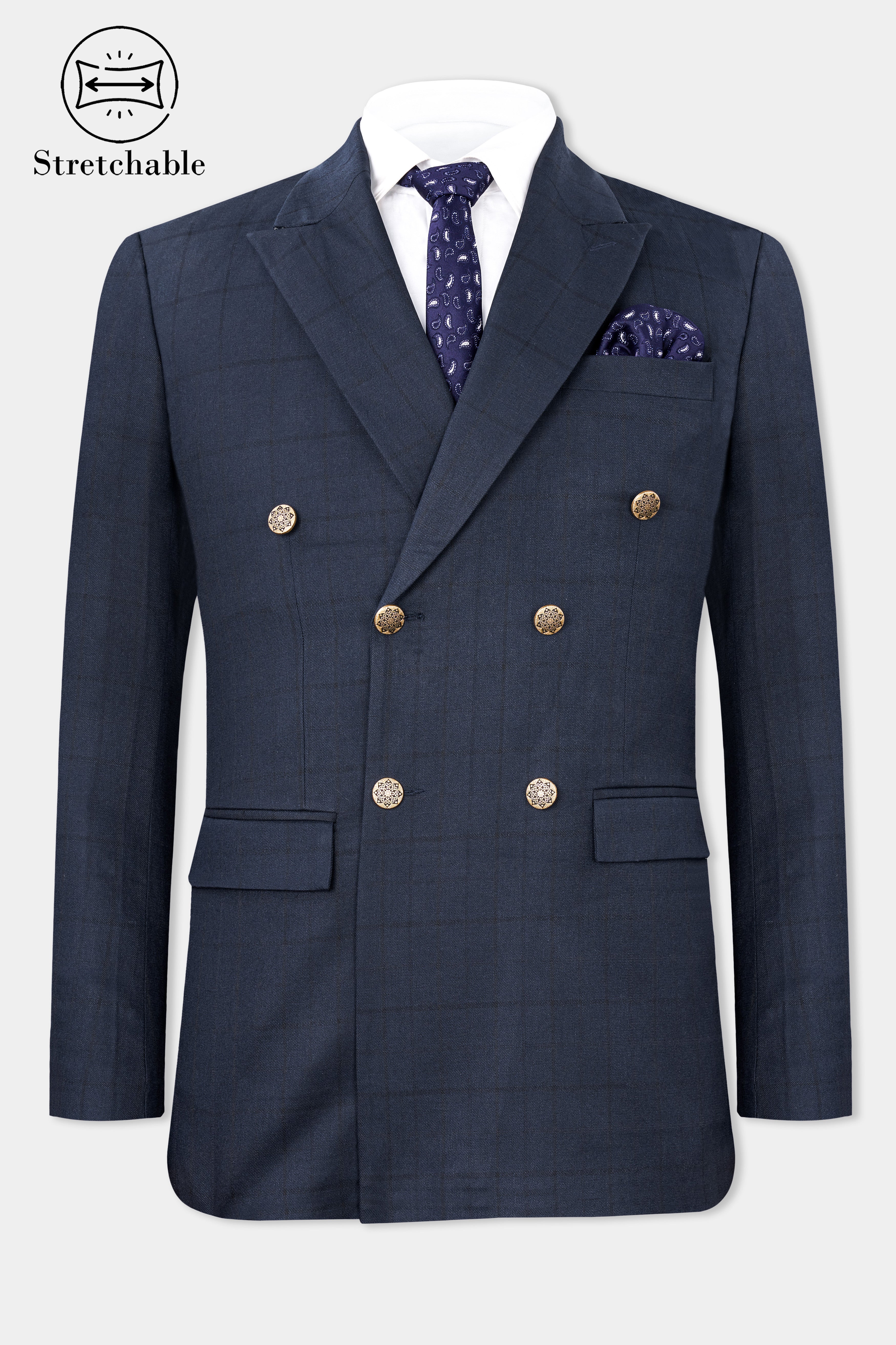 Shark Blue Subtle Windowpane Double-Breasted Blazer