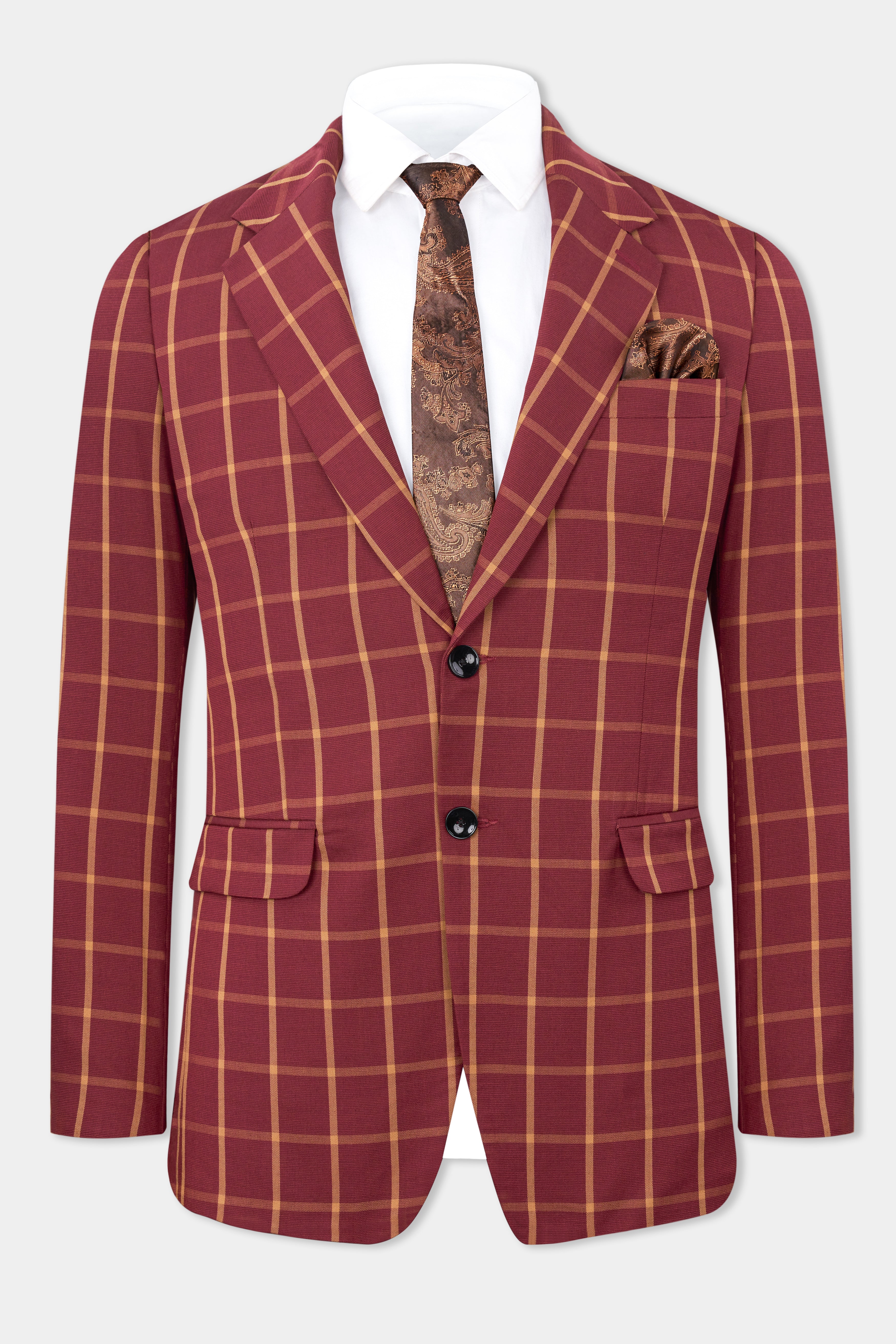 Wine and Chestnut Red Plaid Single Breasted Blazer