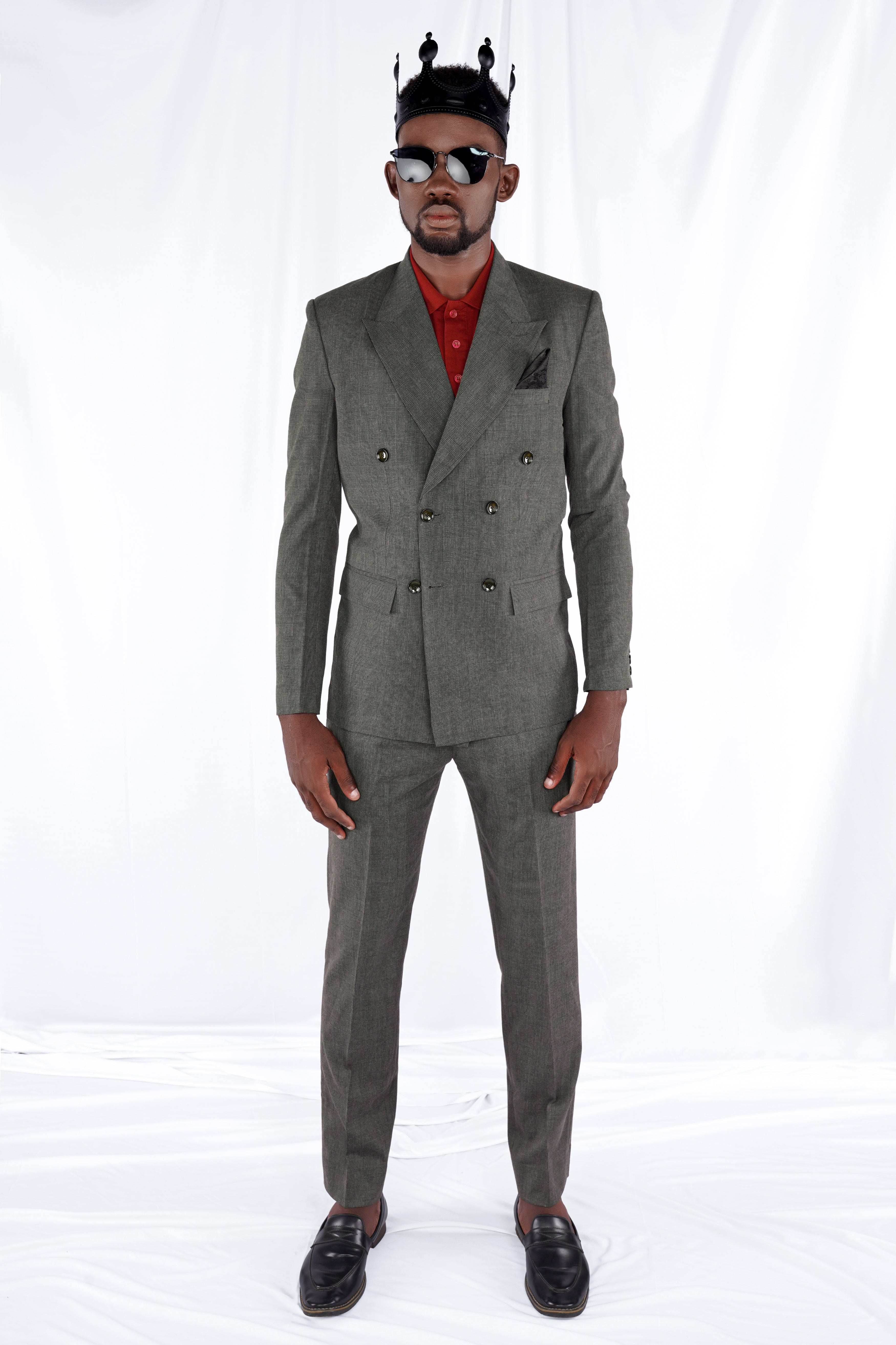 Tundora Dark Gray Subtle Plaid Double-Breasted Blazer