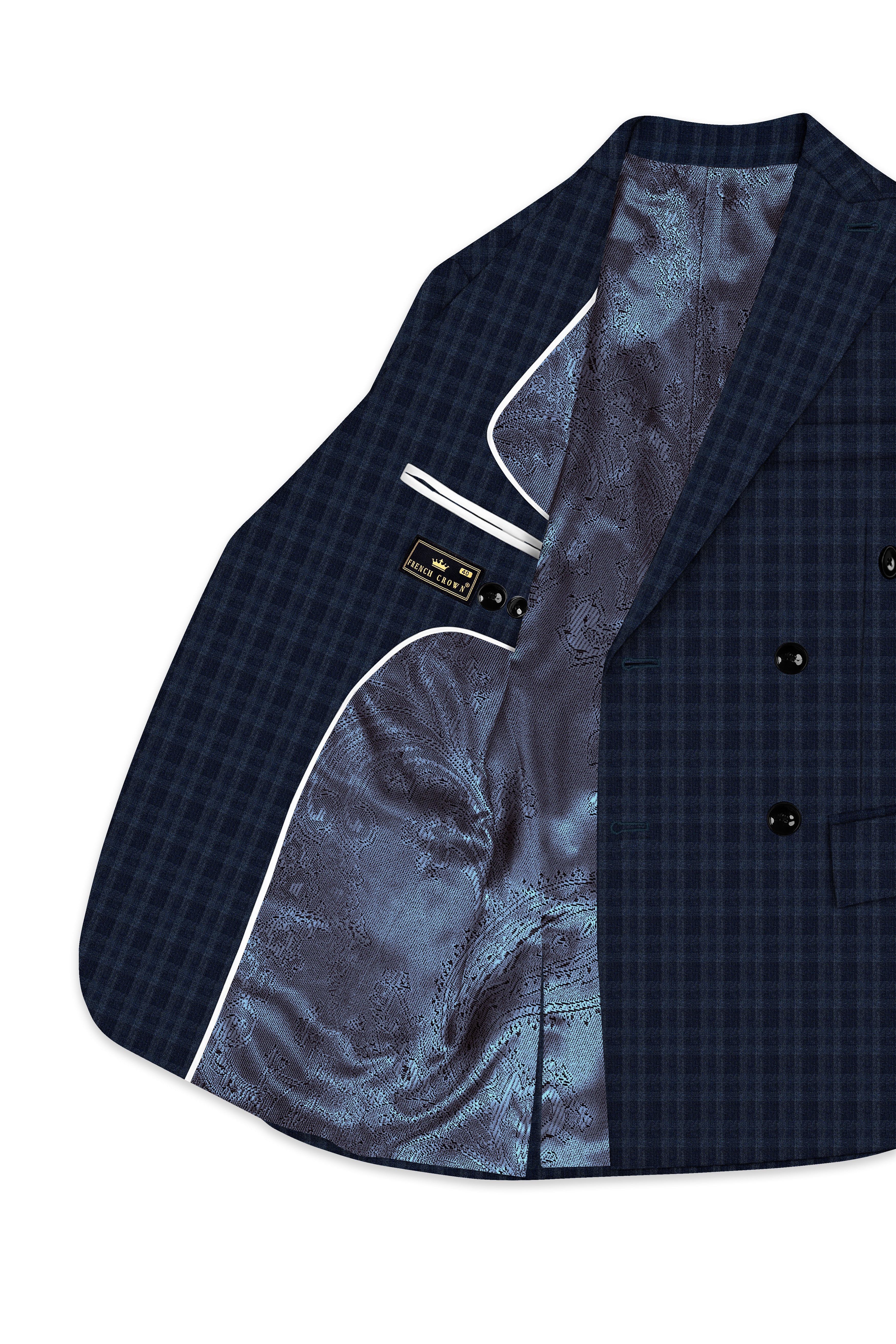 Baltic Sea Blue with Tuna Navy Blue Checkered Wool Rich Double Breasted Blazer