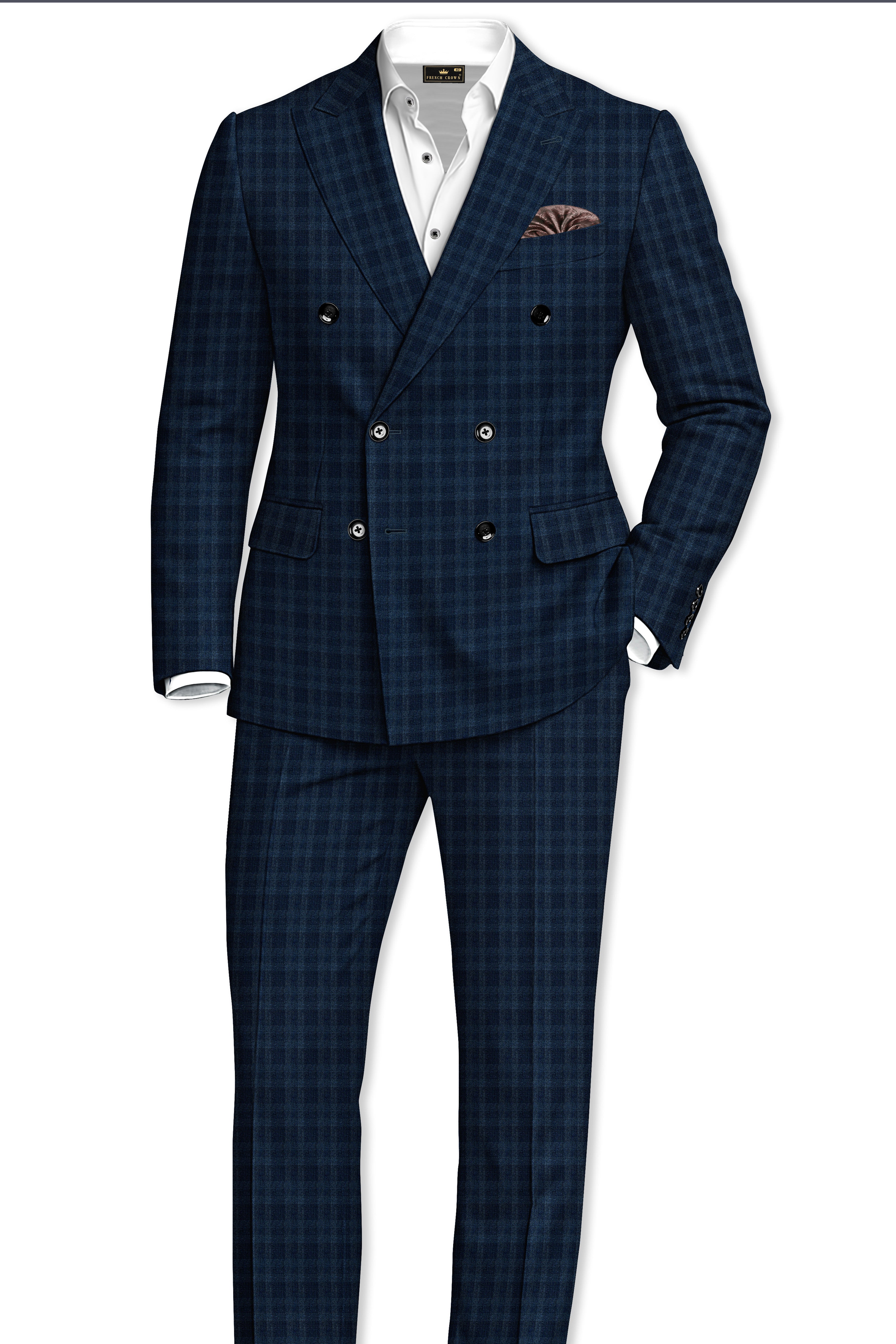 Baltic Sea Blue with Tuna Navy Blue Checkered Wool Rich Double Breasted Blazer