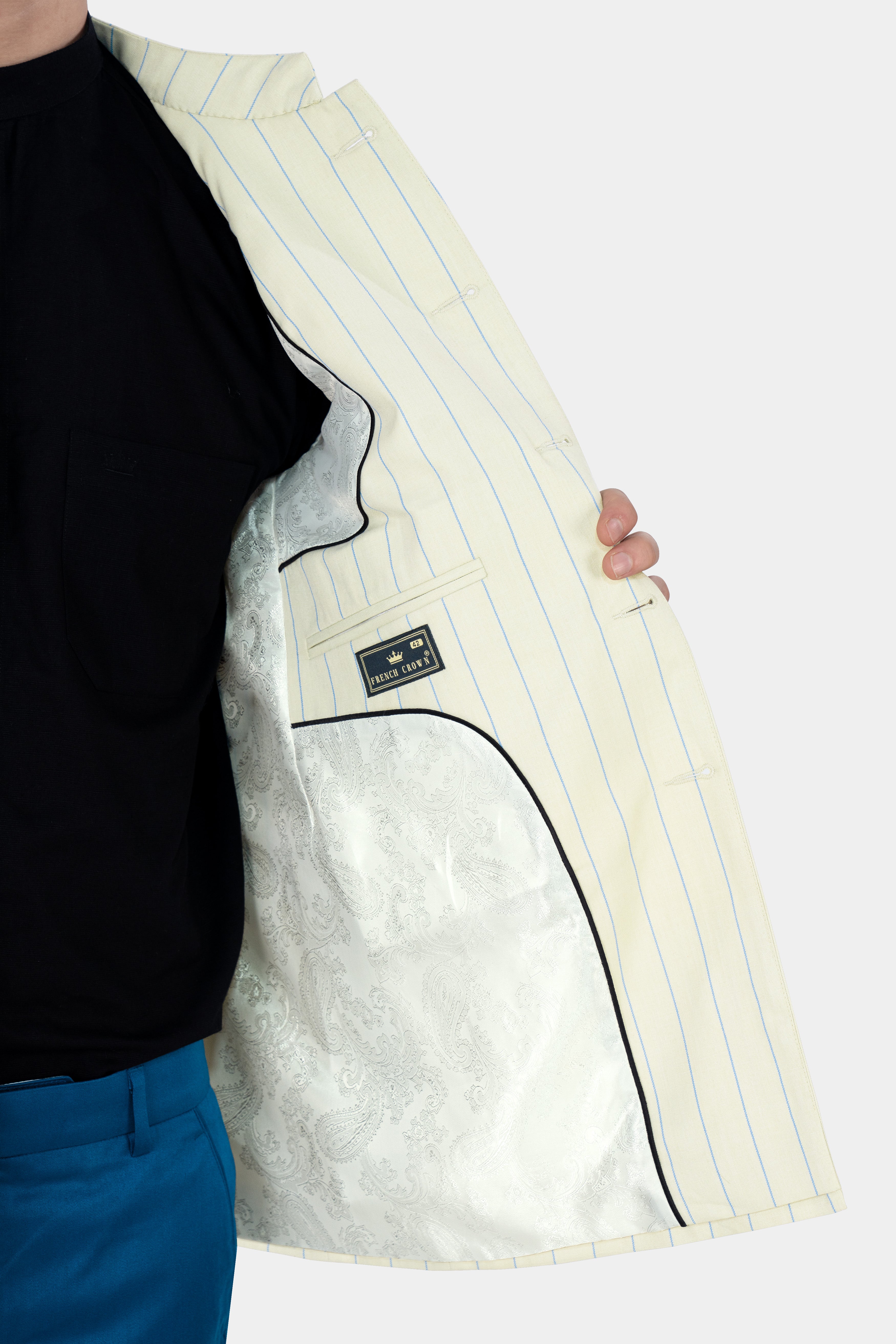 Ivory Cream with Celestial Blue Striped Wool Rich Bandhgala Blazer BL2877-BG-D430-36, BL2877-BG-D430-38, BL2877-BG-D430-40, BL2877-BG-D430-42, BL2877-BG-D430-44, BL2877-BG-D430-46, BL2877-BG-D430-48, BL2877-BG-D430-50, BL2877-BG-D430-77-BG, BL2877-BG-D430-54, BL2877-BG-D430-56, BL2877-BG-D430-58, BL2877-BG-D430-60