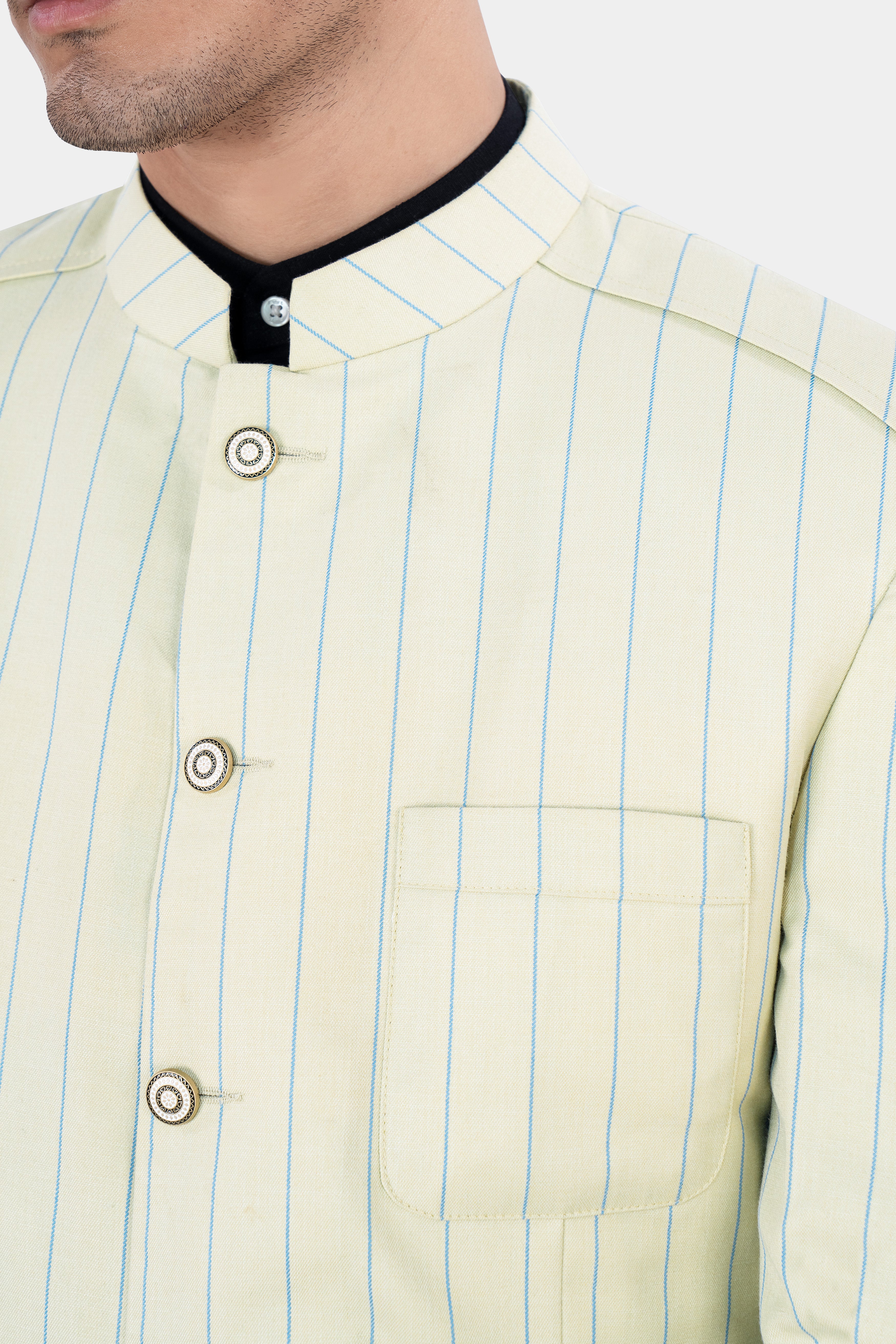 Ivory Cream with Celestial Blue Striped Wool Rich Bandhgala Blazer BL2877-BG-D430-36, BL2877-BG-D430-38, BL2877-BG-D430-40, BL2877-BG-D430-42, BL2877-BG-D430-44, BL2877-BG-D430-46, BL2877-BG-D430-48, BL2877-BG-D430-50, BL2877-BG-D430-77-BG, BL2877-BG-D430-54, BL2877-BG-D430-56, BL2877-BG-D430-58, BL2877-BG-D430-60