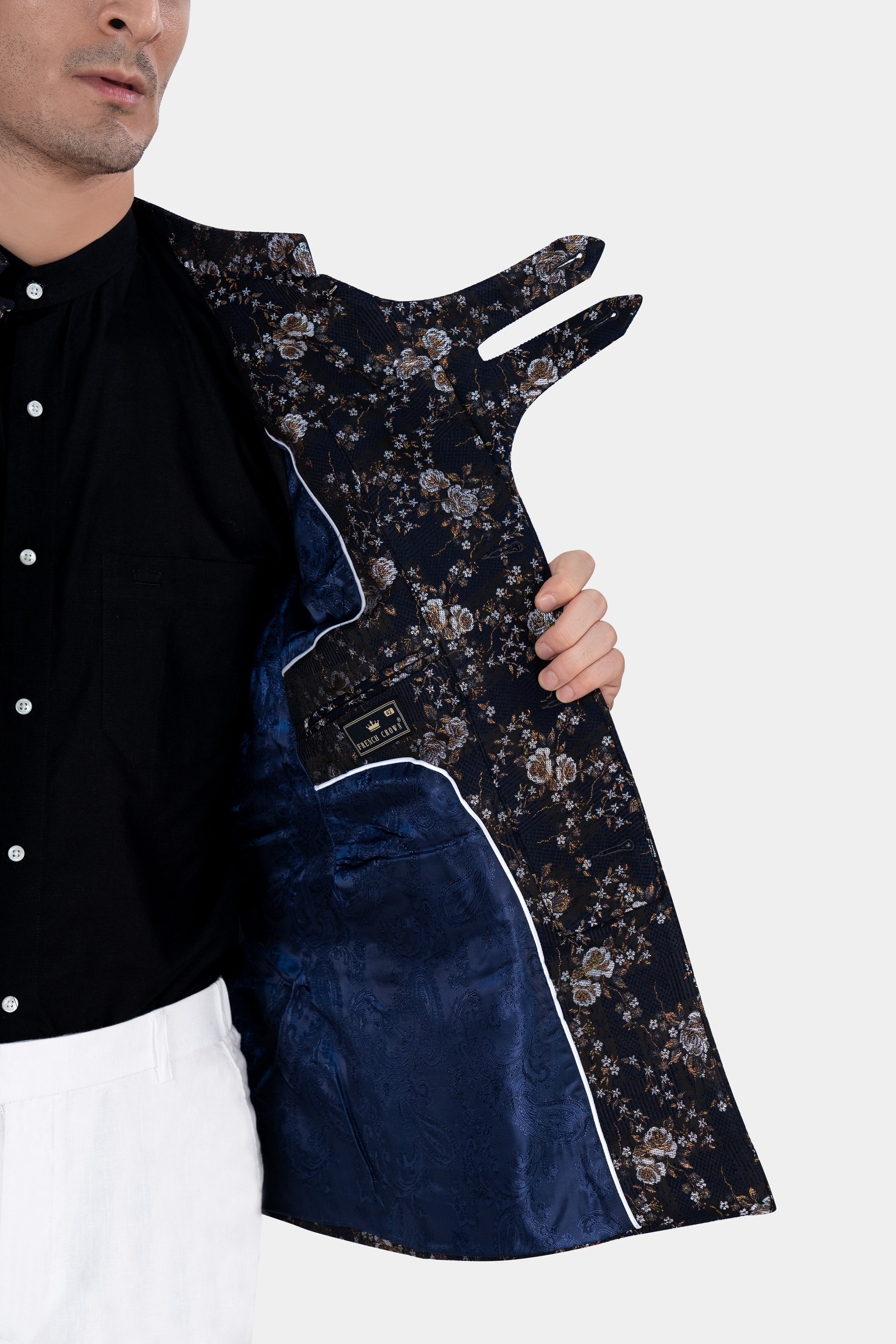 Cove Blue and Sepia Brown Floral Jacquard Textured Premium Giza Cotton Bandhgala Designer Blazer BL2879-D393-36, BL2879-D393-38, BL2879-D393-40, BL2879-D393-42, BL2879-D393-44, BL2879-D393-46, BL2879-D393-48, BL2879-D393-50, BL2879-D393-79, BL2879-D393-54, BL2879-D393-56, BL2879-D393-58, BL2879-D393-60