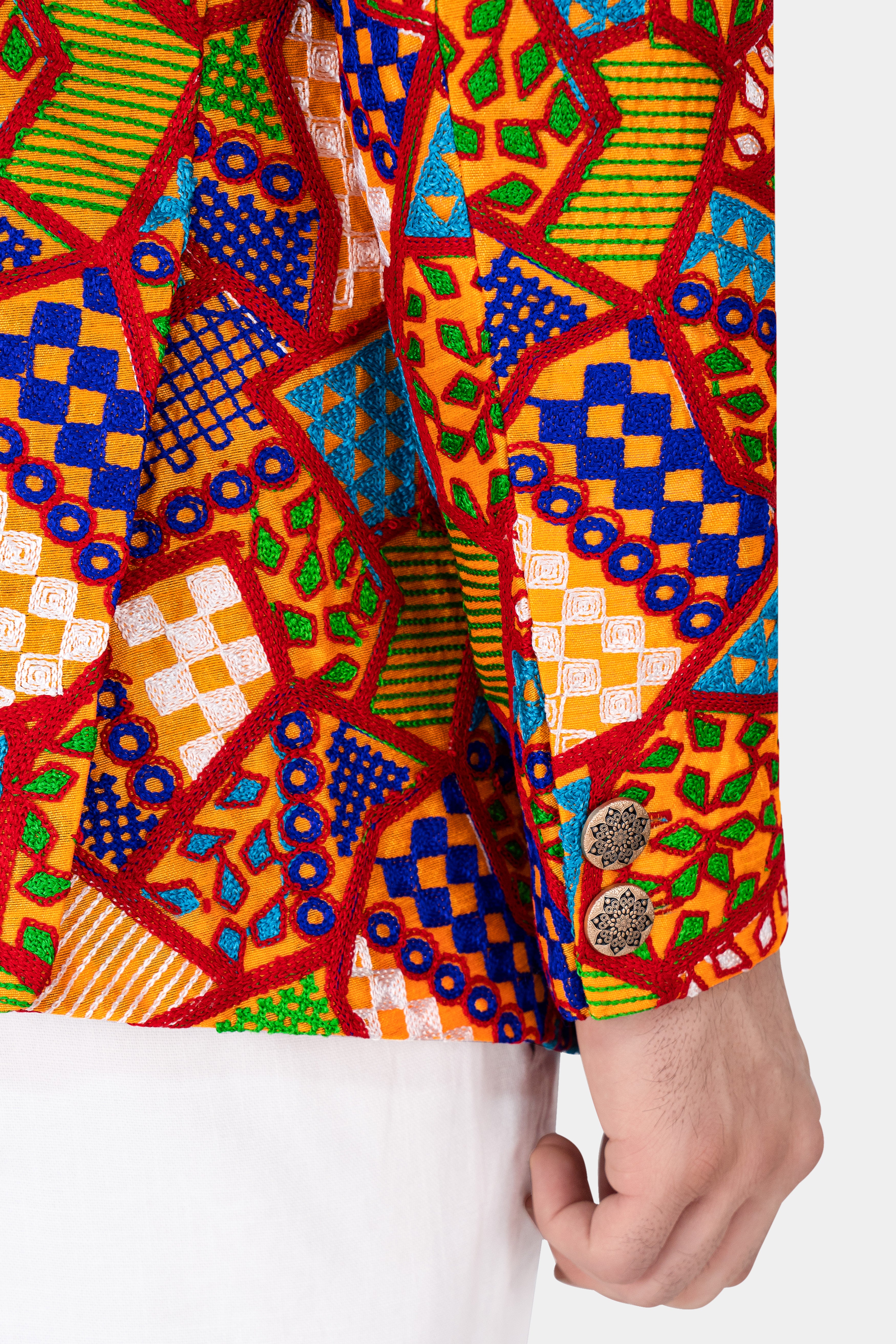 Carmine Red with Amber Yellow Multicolour Cotton Thread Embroidered Bandhgala Designer Blazer BL2882-BG-36, BL2882-BG-38, BL2882-BG-40, BL2882-BG-42, BL2882-BG-44, BL2882-BG-46, BL2882-BG-48, BL2882-BG-50, BL2882-BG-82, BL2882-BG-54, BL2882-BG-56, BL2882-BG-58, BL2882-BG-60