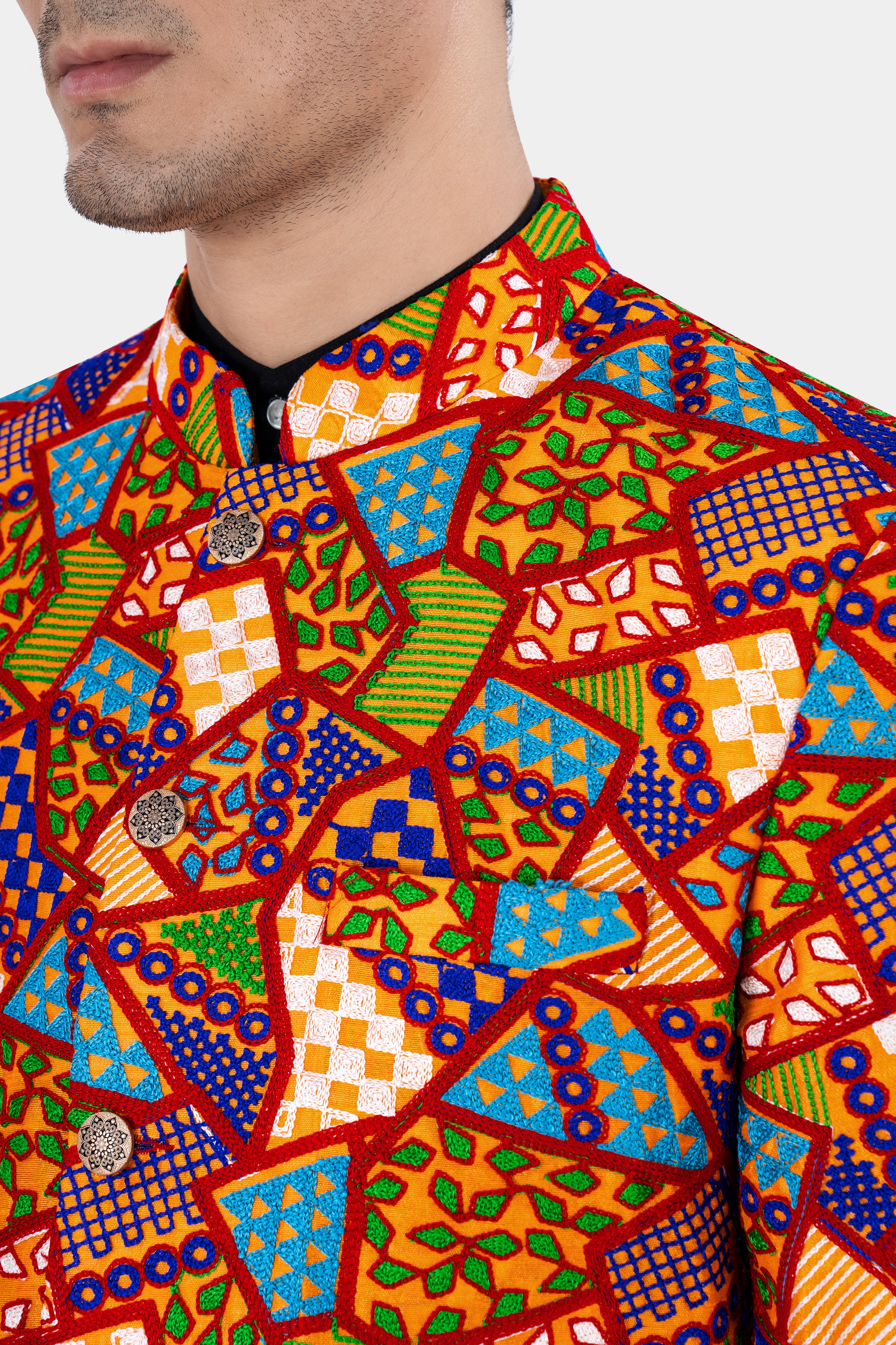 Carmine Red with Amber Yellow Multicolour Cotton Thread Embroidered Bandhgala Designer Blazer BL2882-BG-36, BL2882-BG-38, BL2882-BG-40, BL2882-BG-42, BL2882-BG-44, BL2882-BG-46, BL2882-BG-48, BL2882-BG-50, BL2882-BG-82, BL2882-BG-54, BL2882-BG-56, BL2882-BG-58, BL2882-BG-60