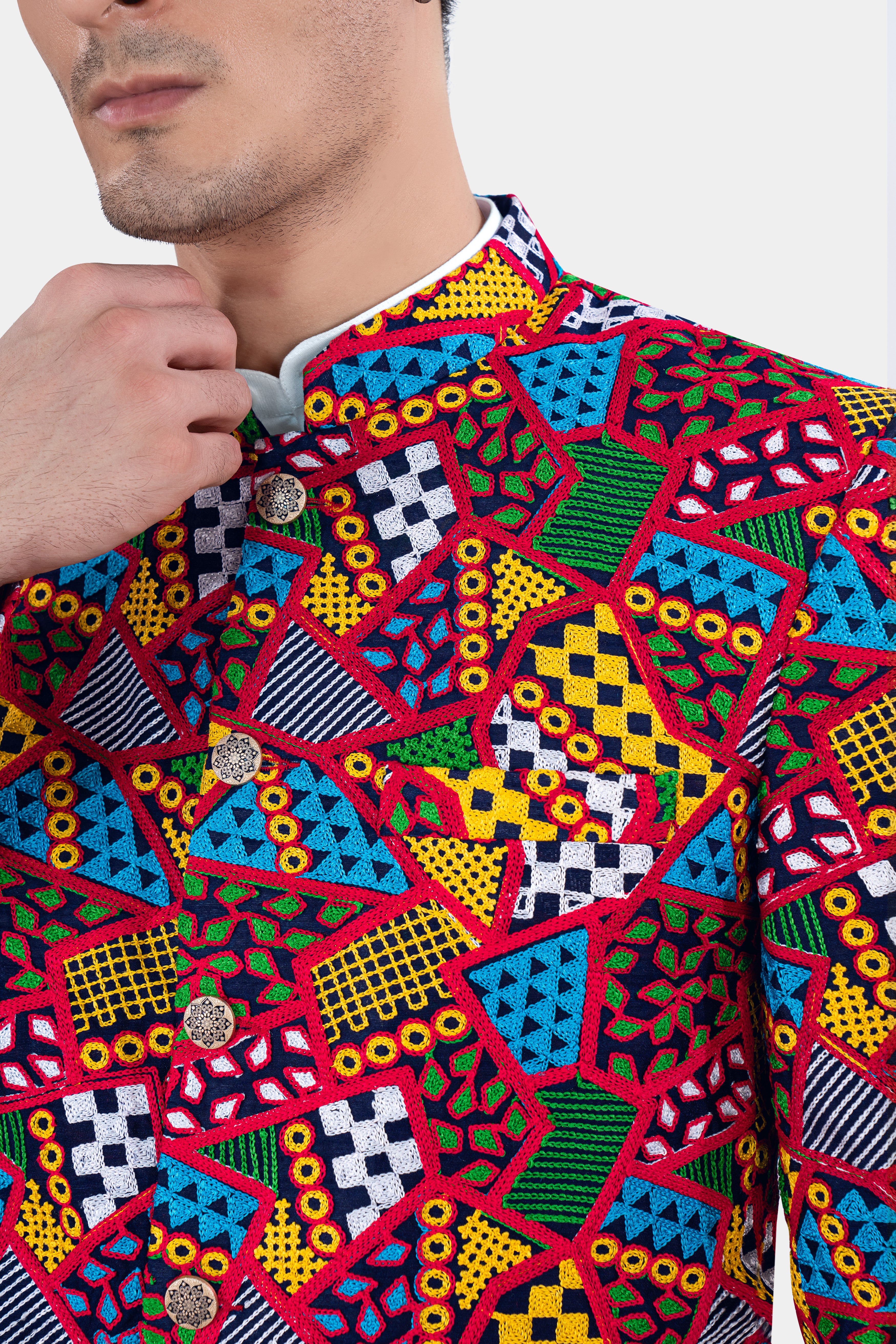 Rosso Red with Peel Yellow Multicolour Cotton Thread Embroidered Bandhgala Designer Blazer BL2886-BG-36, BL2886-BG-38, BL2886-BG-40, BL2886-BG-42, BL2886-BG-44, BL2886-BG-46, BL2886-BG-48, BL2886-BG-50, BL2886-BG-86, BL2886-BG-54, BL2886-BG-56, BL2886-BG-58, BL2886-BG-60